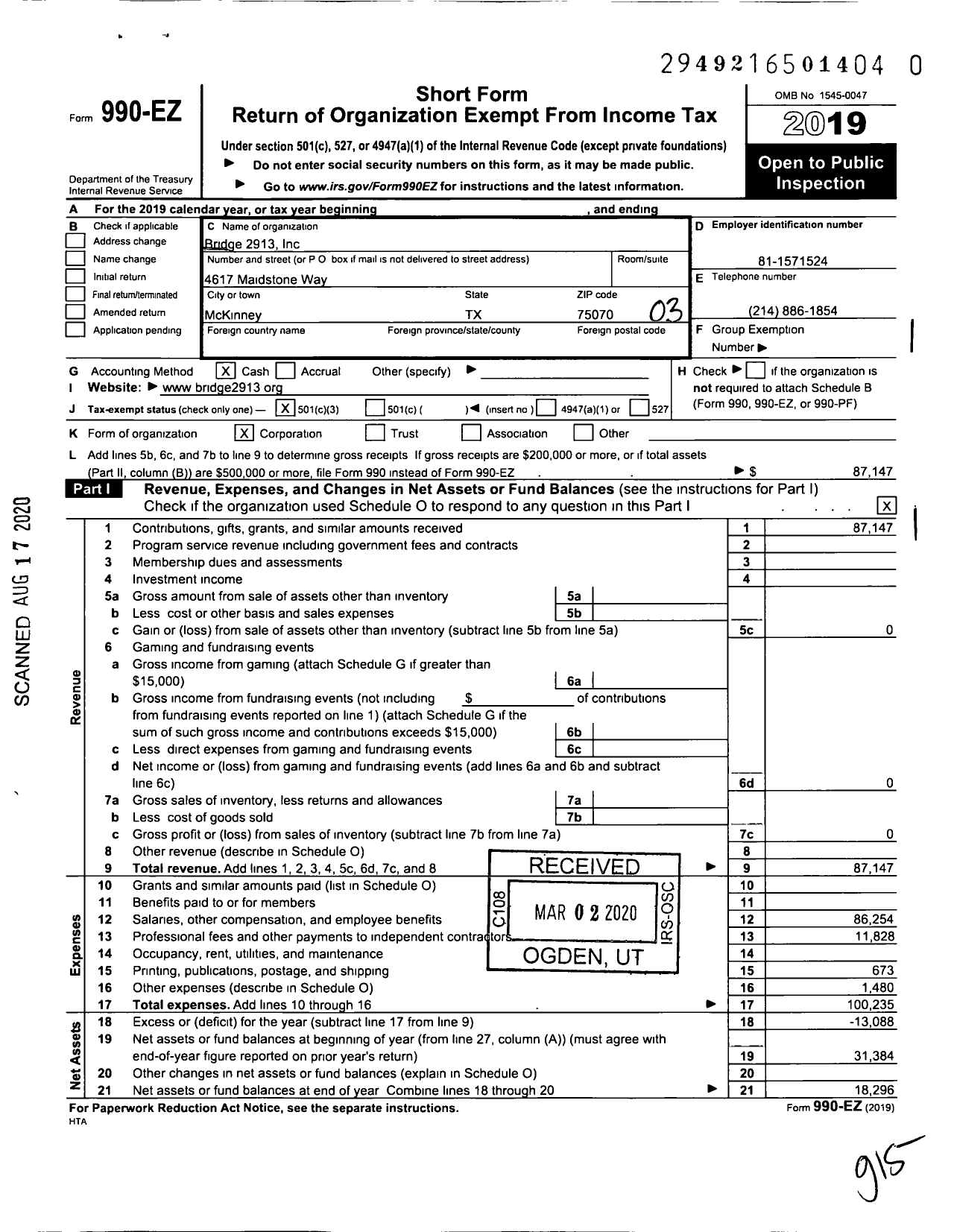 Image of first page of 2019 Form 990EZ for Bridge 2913