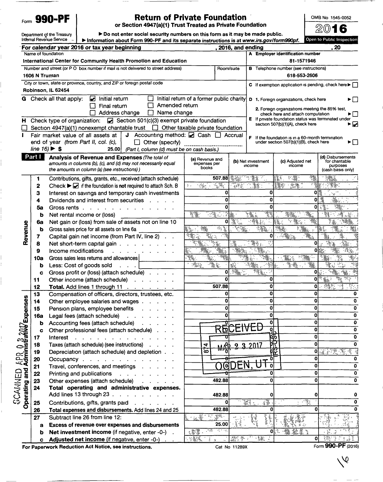 Image of first page of 2016 Form 990PF for International Center for Community Health Promotion and Education