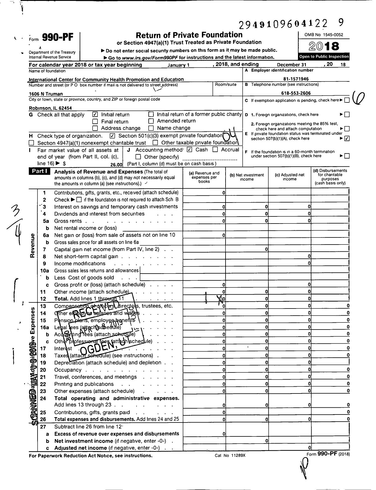 Image of first page of 2018 Form 990PF for International Center for Community Health Promotion and Education