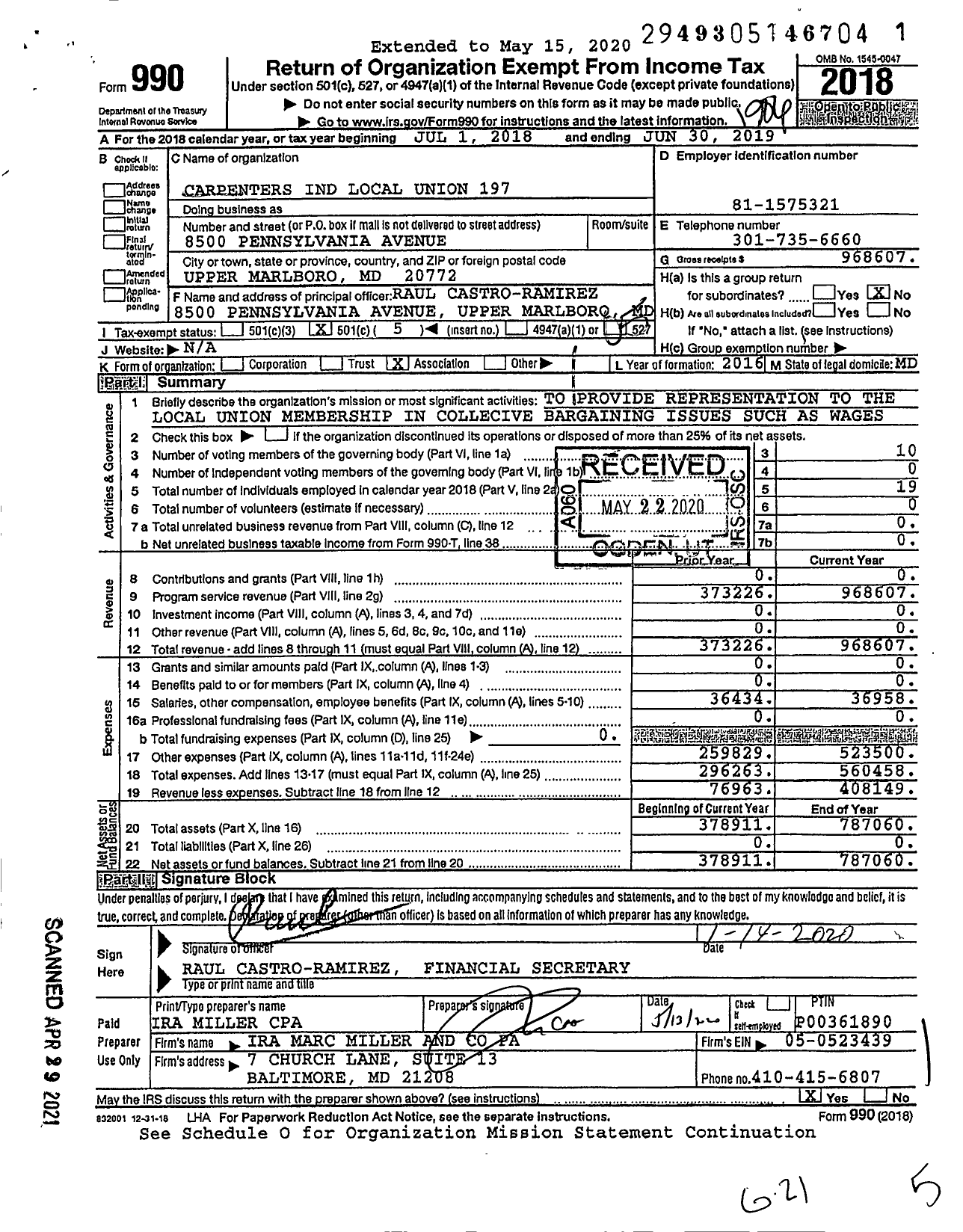 Image of first page of 2018 Form 990O for United Brotherhood of Carpenters & Joiners - 197 Northern Va & Washington DC Are