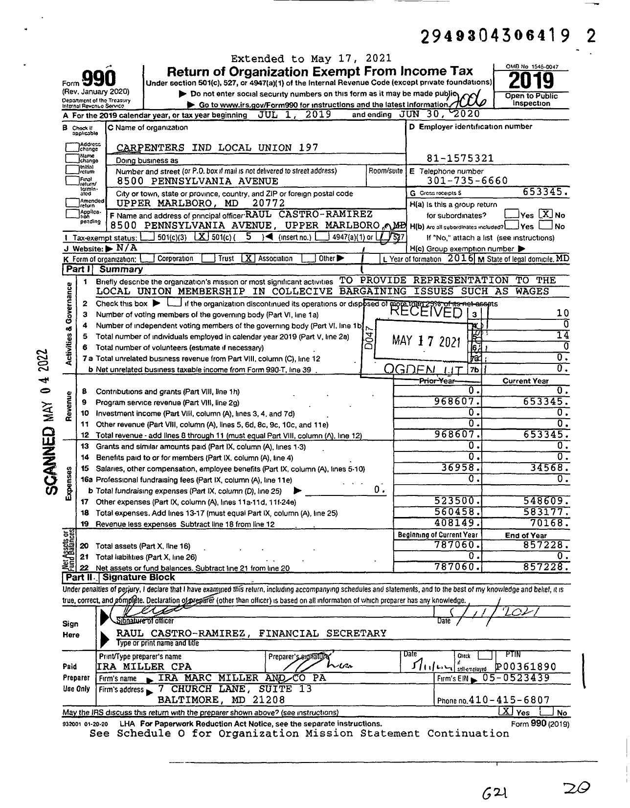 Image of first page of 2019 Form 990O for United Brotherhood of Carpenters & Joiners - 197 Northern Va & Washington DC Are