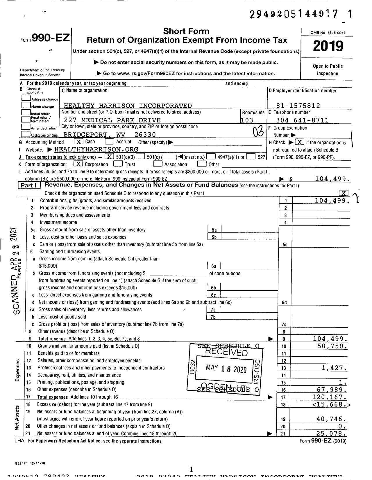 Image of first page of 2019 Form 990EZ for Healthy Harrison Incorporated