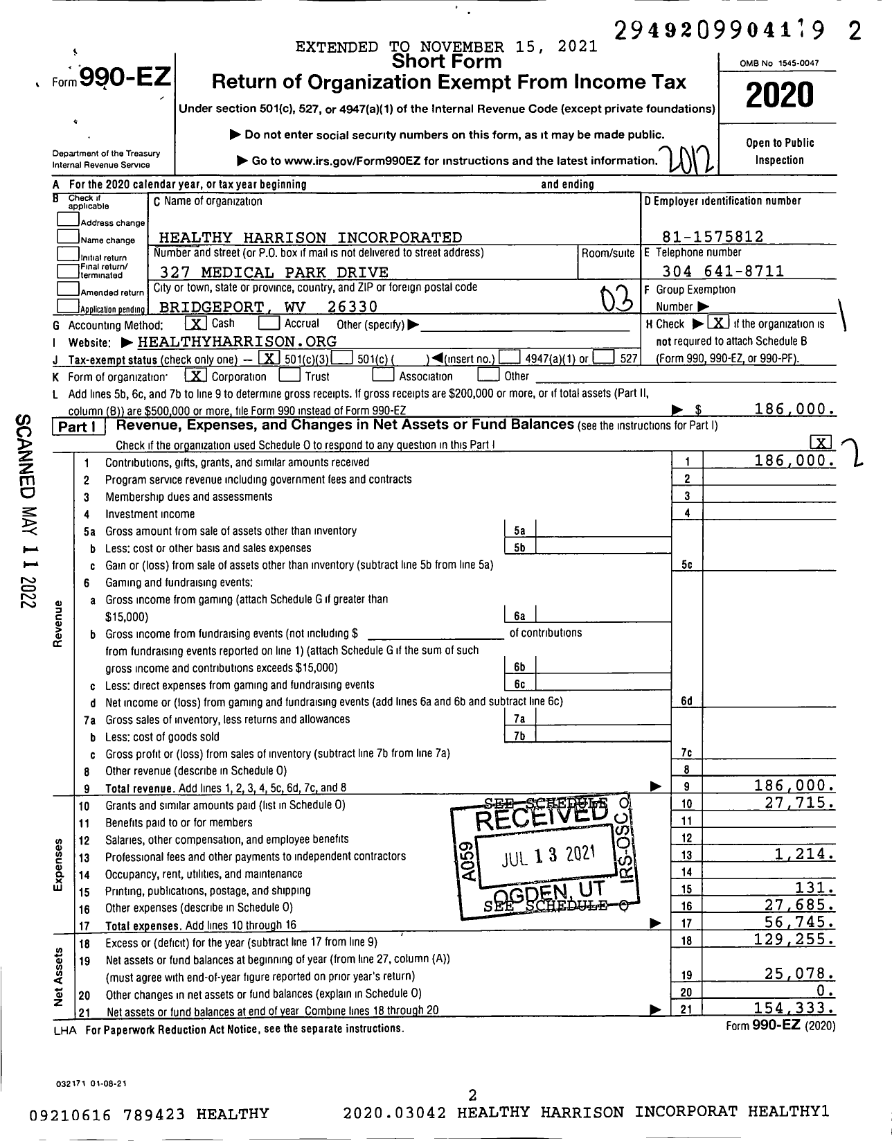 Image of first page of 2020 Form 990EZ for Healthy Harrison Incorporated