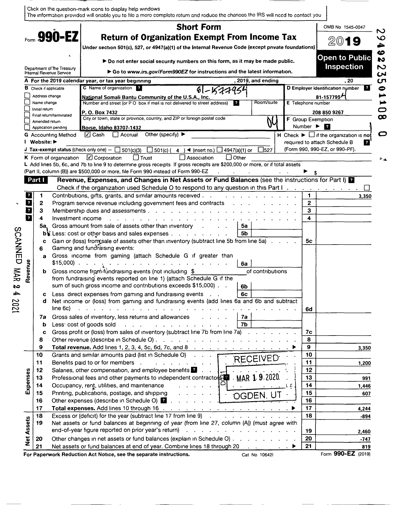 Image of first page of 2019 Form 990EO for National Somali Bantu Community of the USA