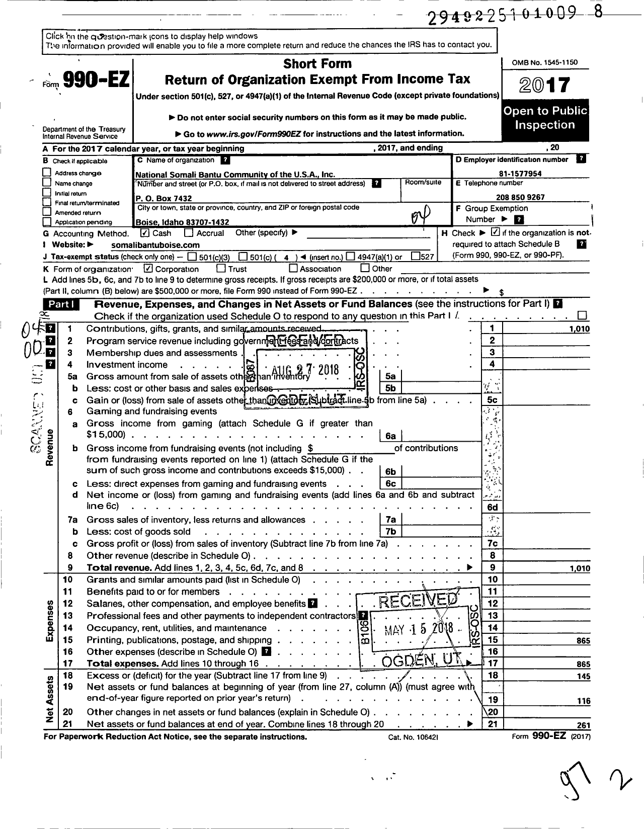 Image of first page of 2017 Form 990EO for National Somali Bantu Community of the USA