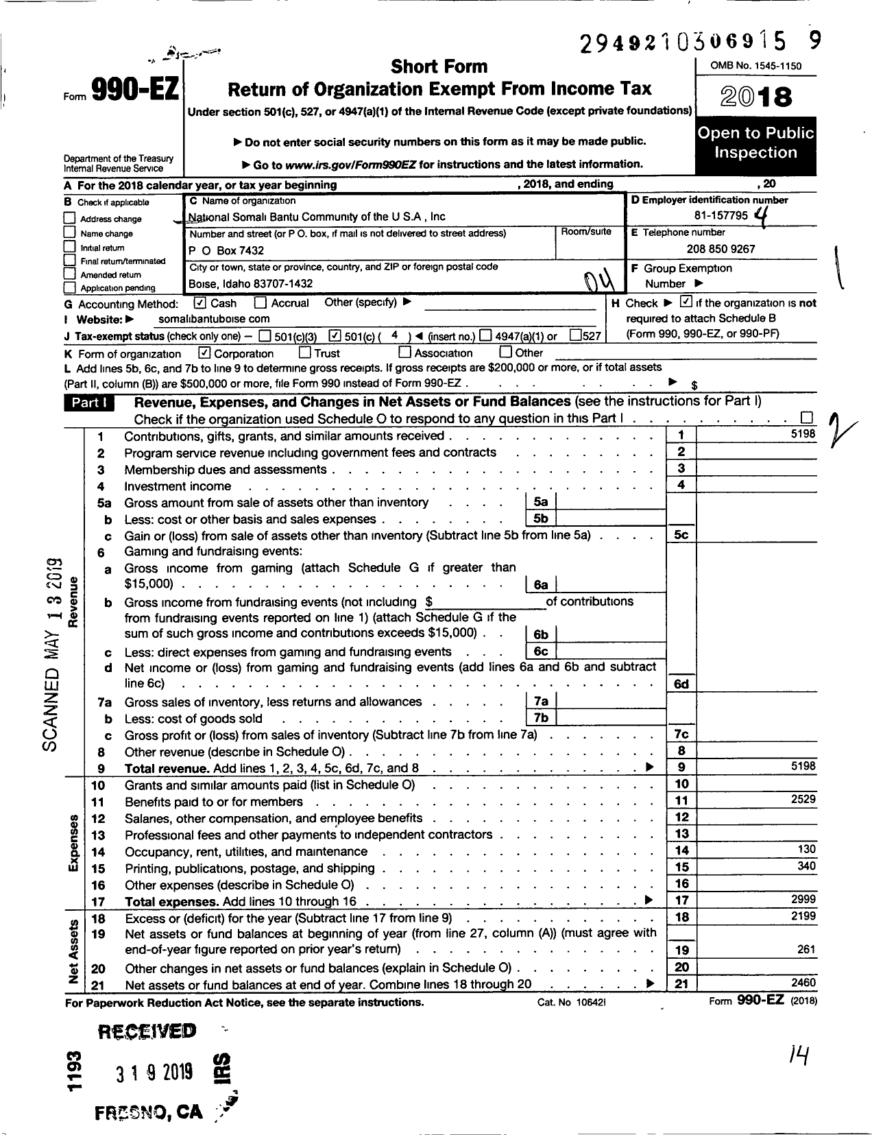 Image of first page of 2018 Form 990EO for National Somali Bantu Community of the USA