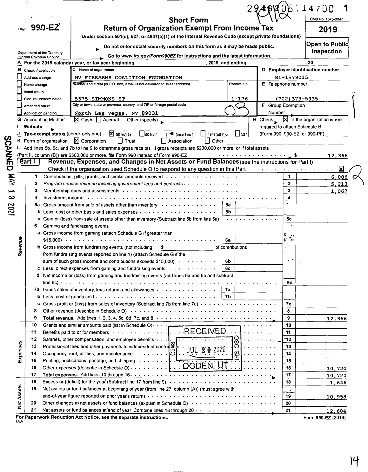 Image of first page of 2019 Form 990EZ for Nevada Firearms Coalition Foundation