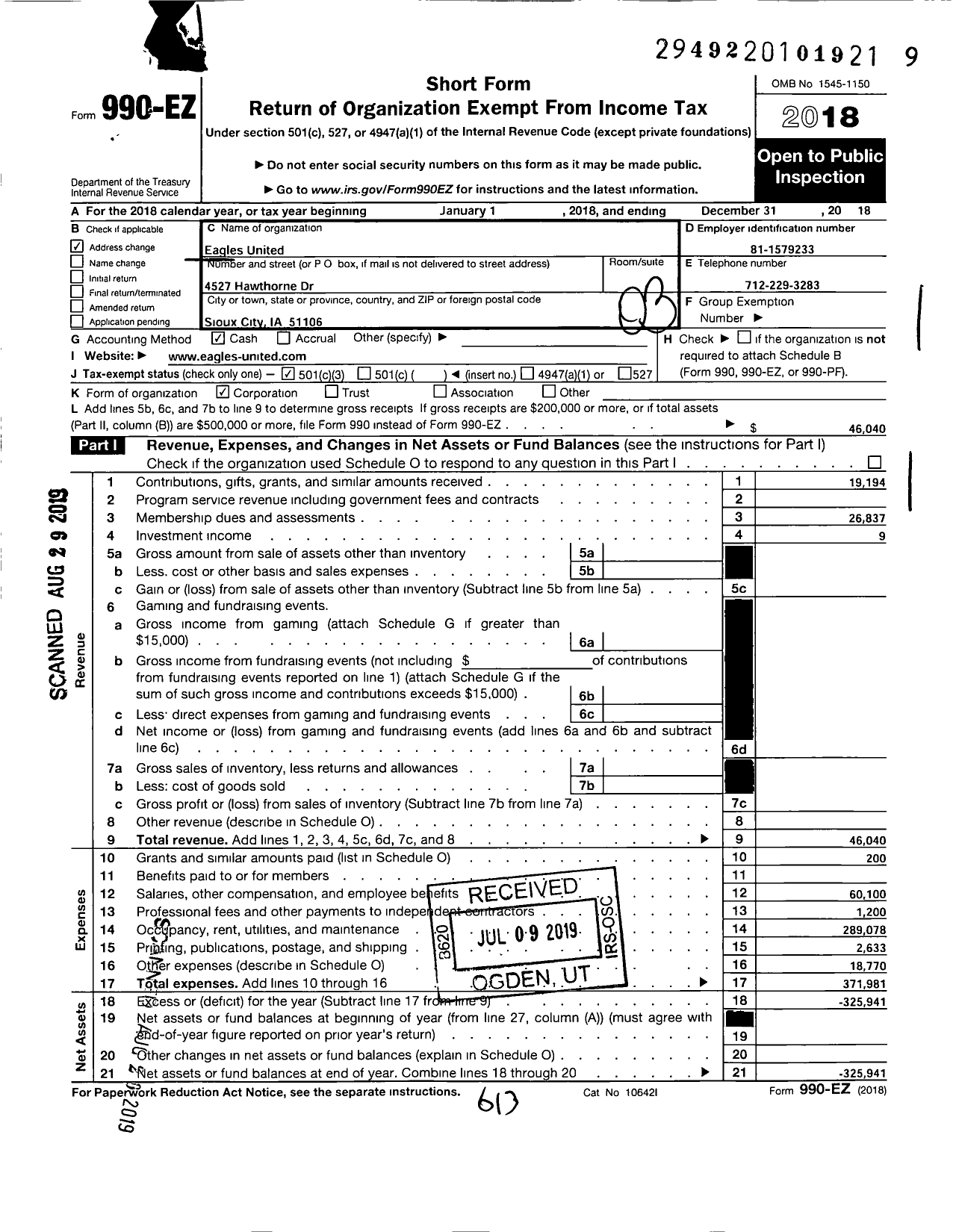 Image of first page of 2018 Form 990EZ for Eagles United