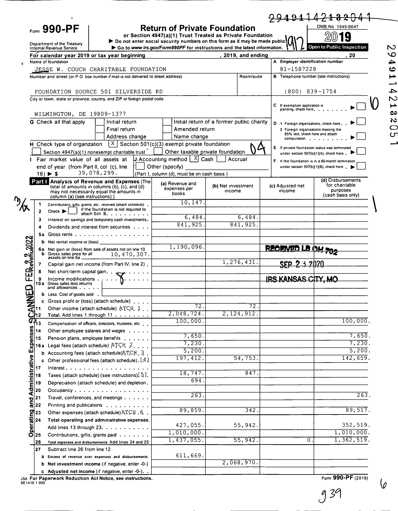 Image of first page of 2019 Form 990PF for Jesse W Couch Charitable Foundation