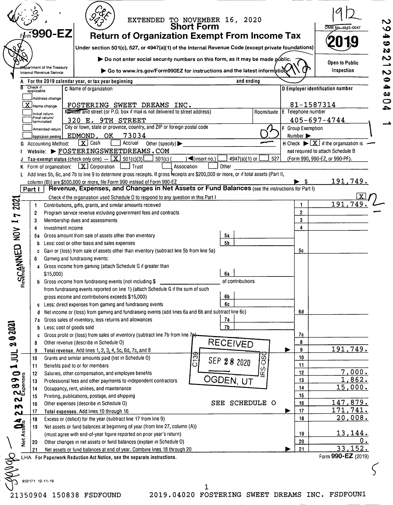 Image of first page of 2019 Form 990EZ for Fostering Sweet Dreams