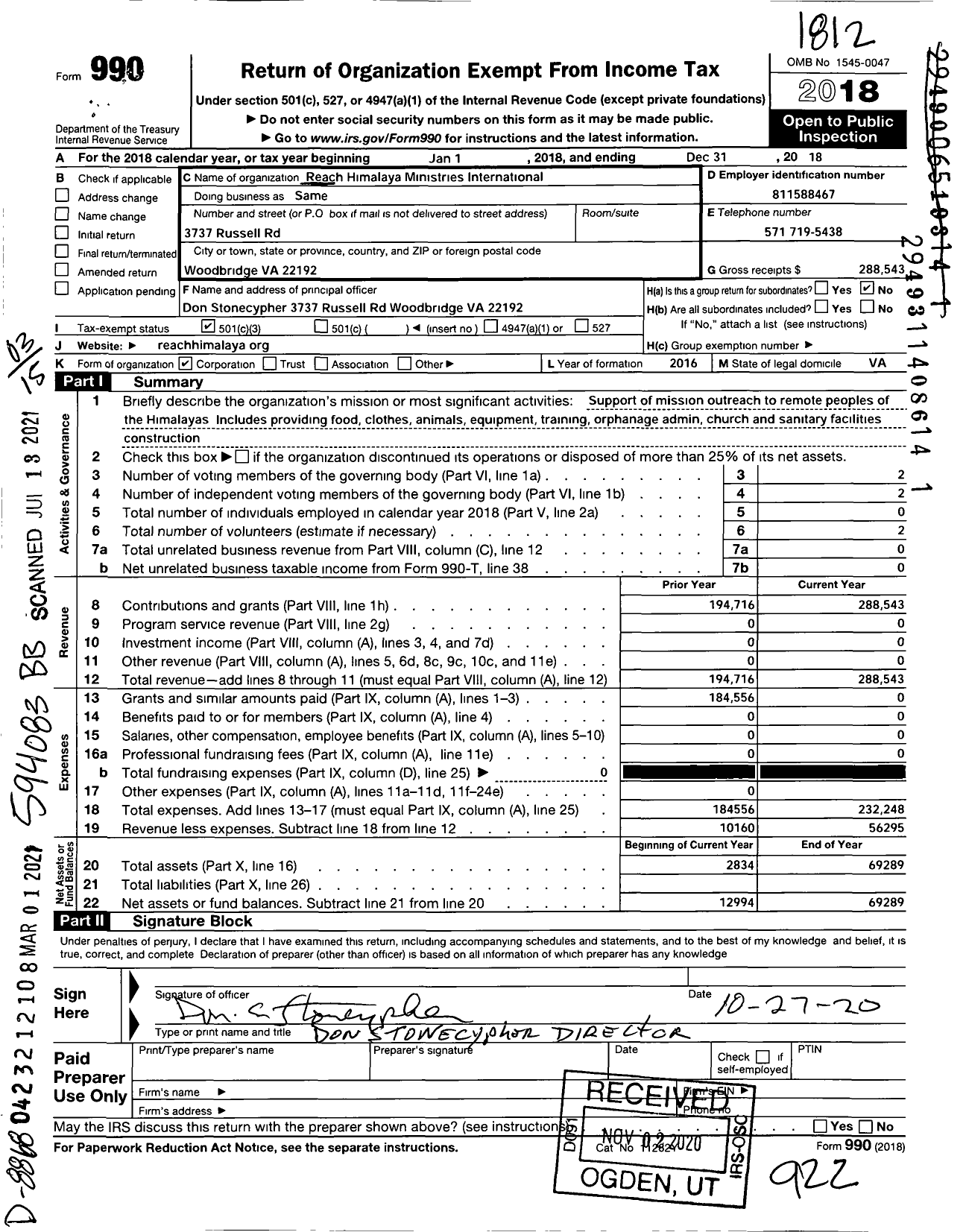 Image of first page of 2018 Form 990 for Reach Himalaya Ministries International