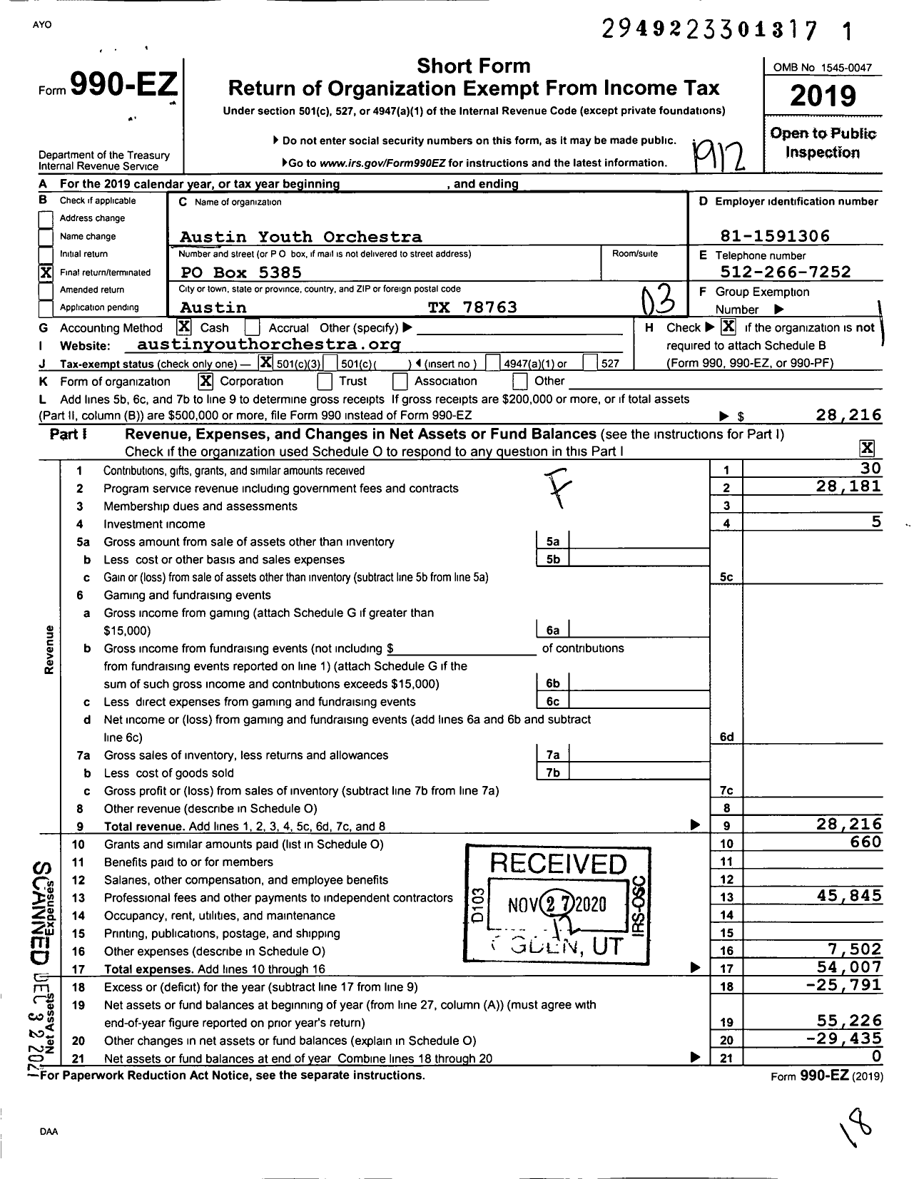 Image of first page of 2019 Form 990EZ for Austin Youth Orchestra (AYO)