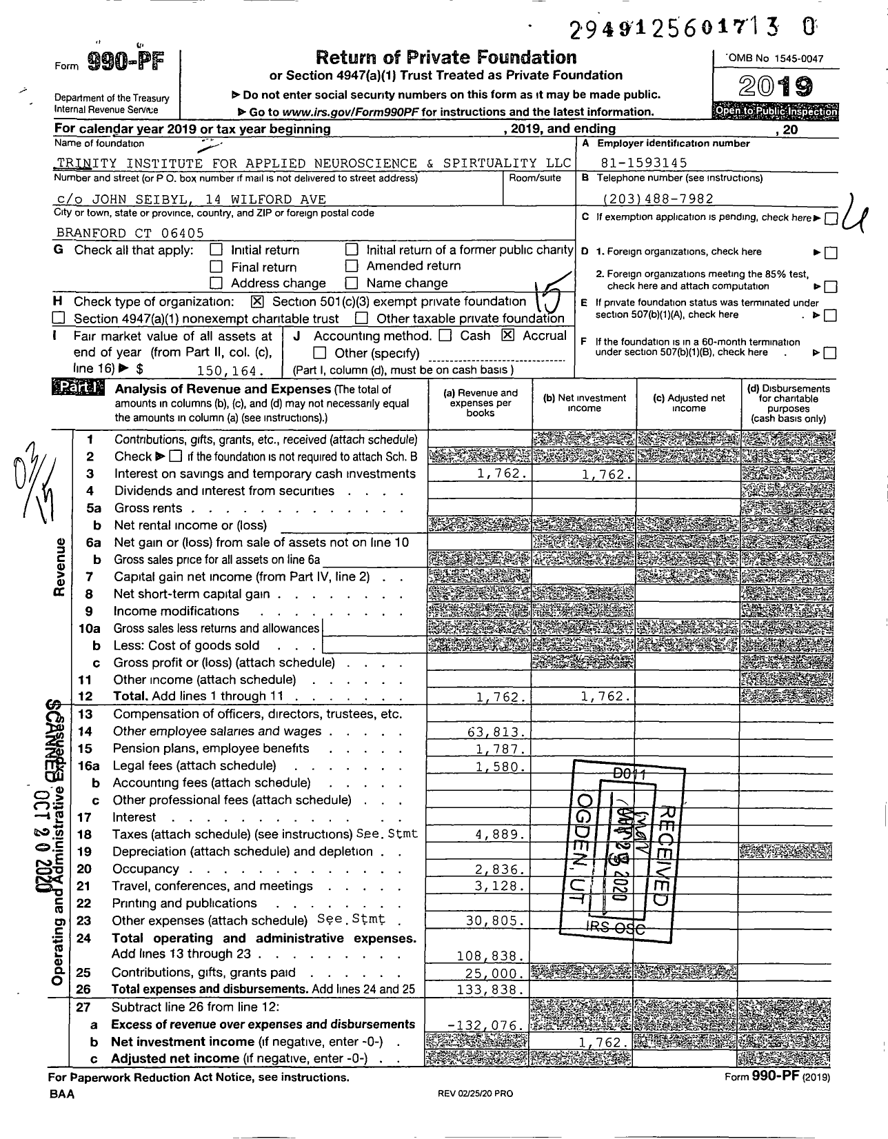 Image of first page of 2019 Form 990PR for Trinity Institute for Applied Neuroscience and Spirituality LLC