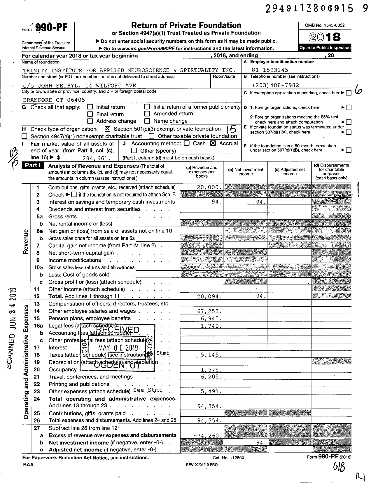 Image of first page of 2018 Form 990PF for Trinity Institute for Applied Neuroscience and Spirituality LLC