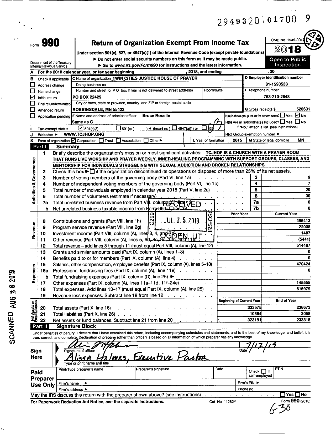 Image of first page of 2018 Form 990 for Twin Cities Justice House of Prayer