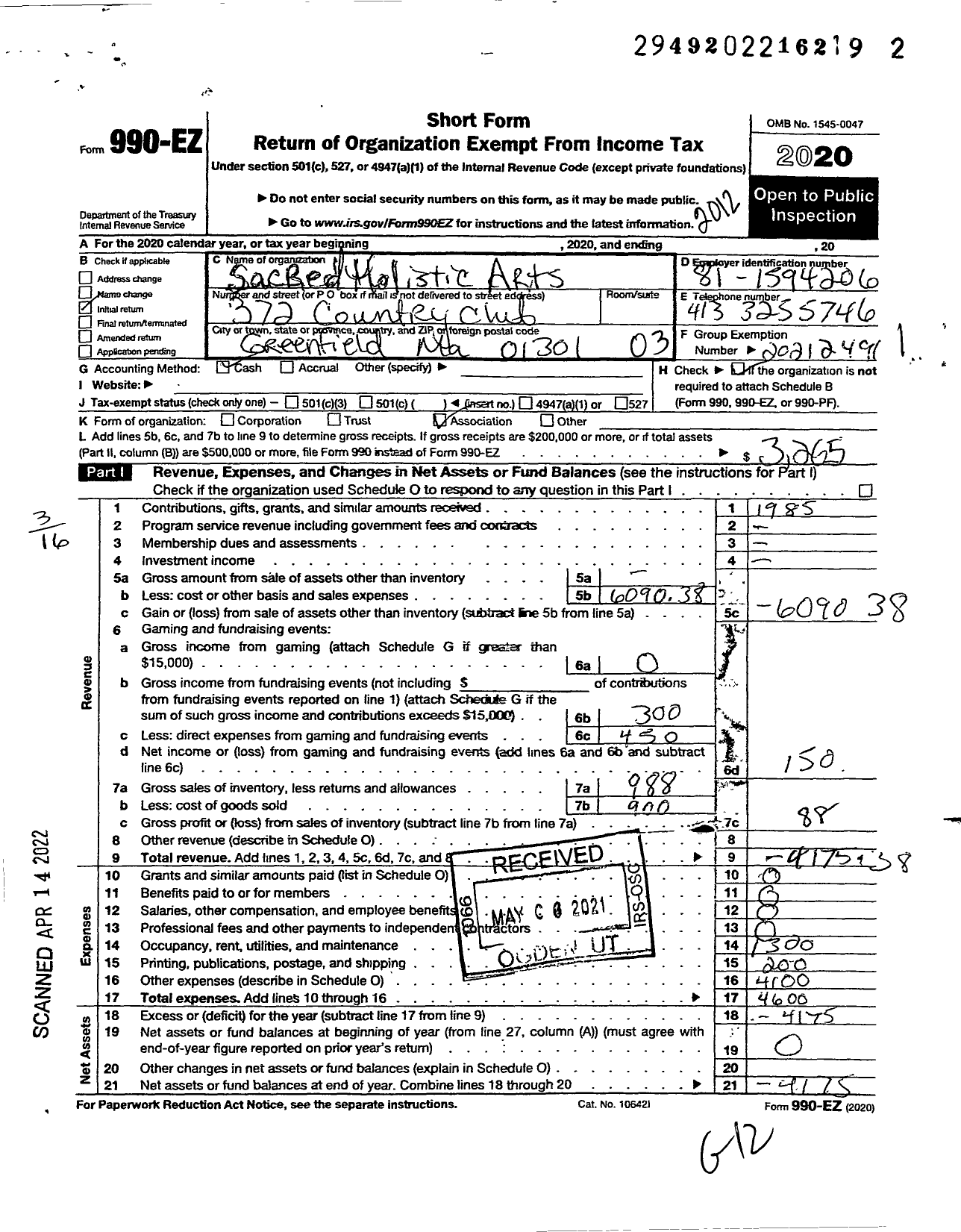 Image of first page of 2020 Form 990EZ for Sacred Holistic Arts
