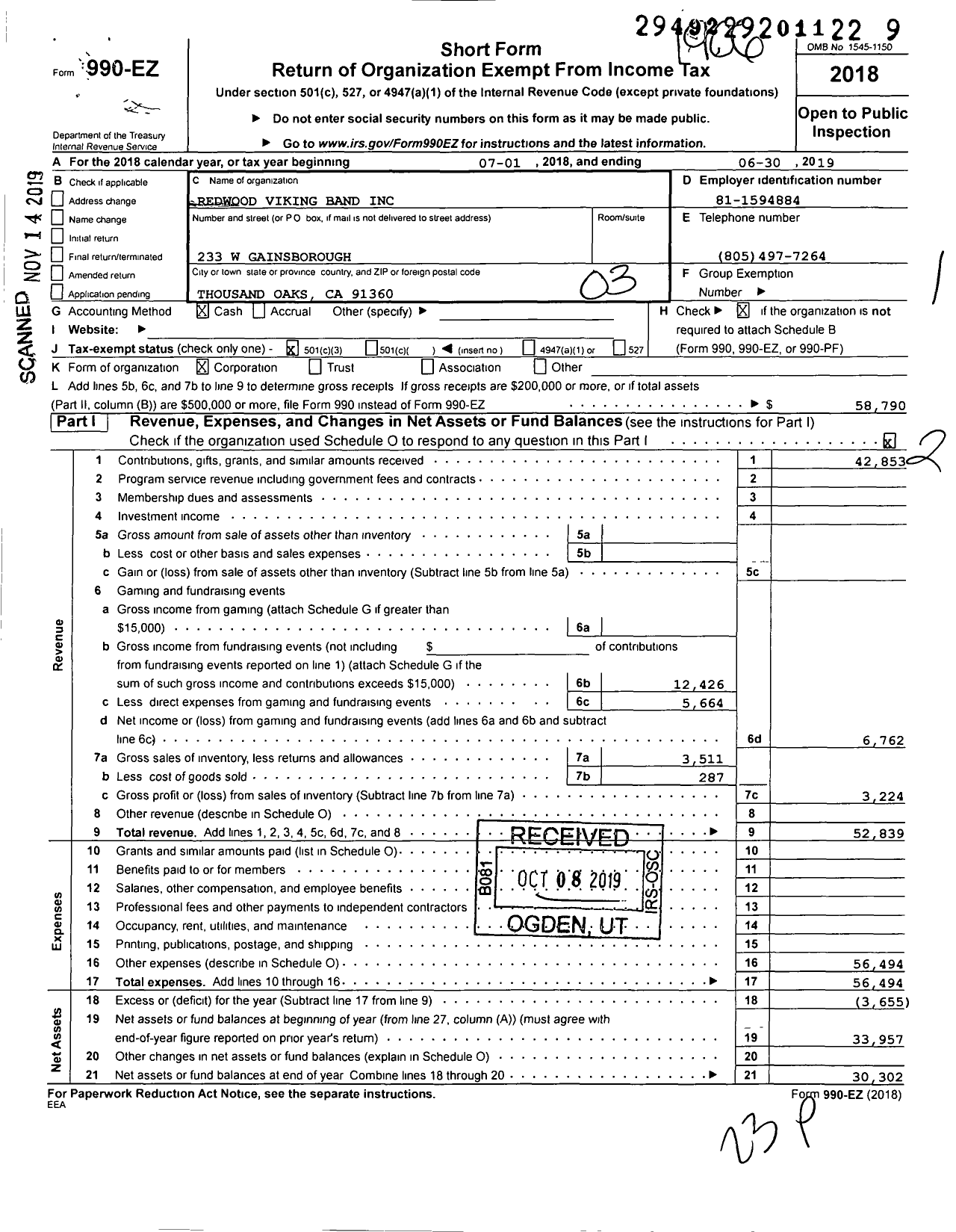 Image of first page of 2018 Form 990EZ for Redwood Viking Band