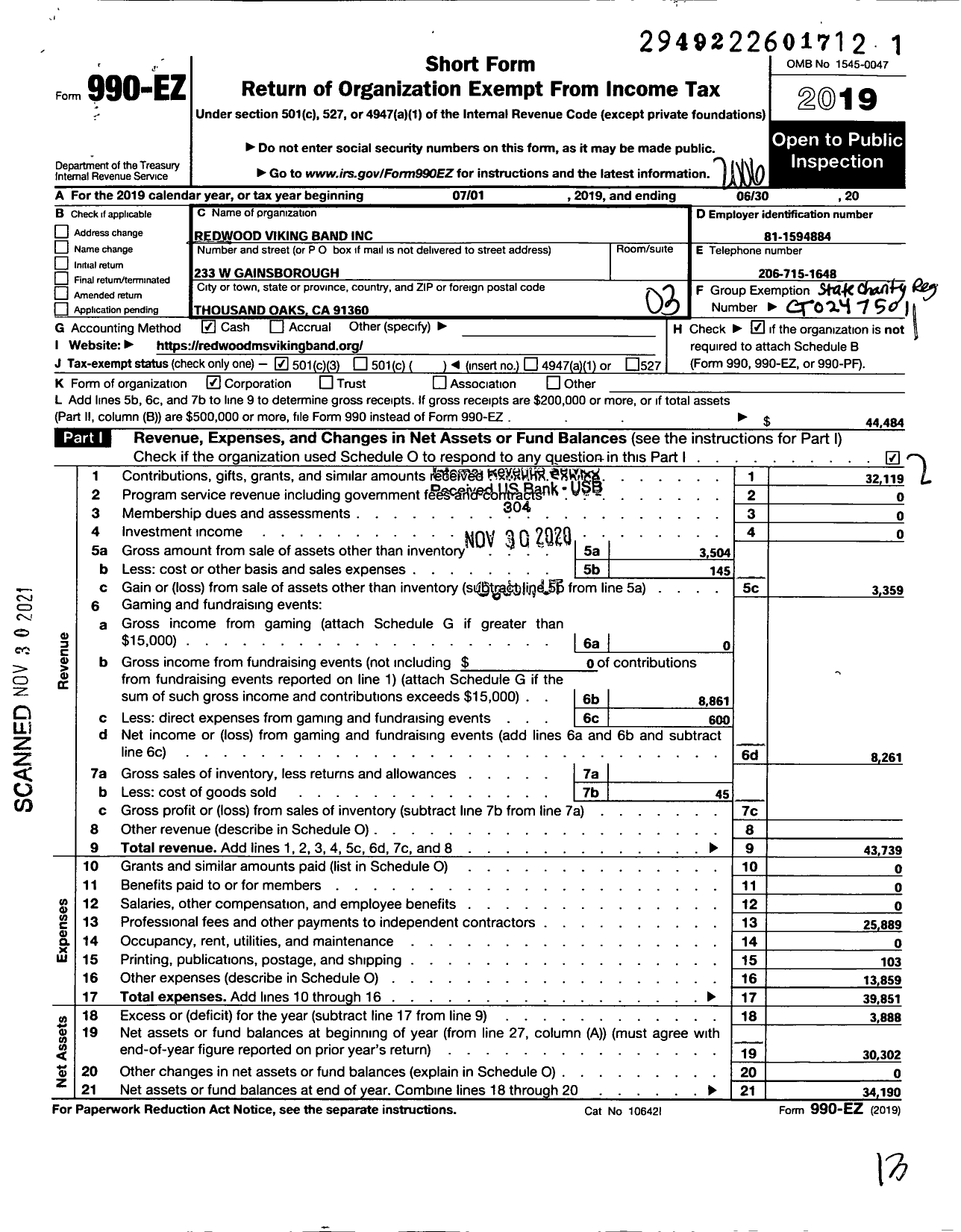 Image of first page of 2019 Form 990EZ for Redwood Viking Band