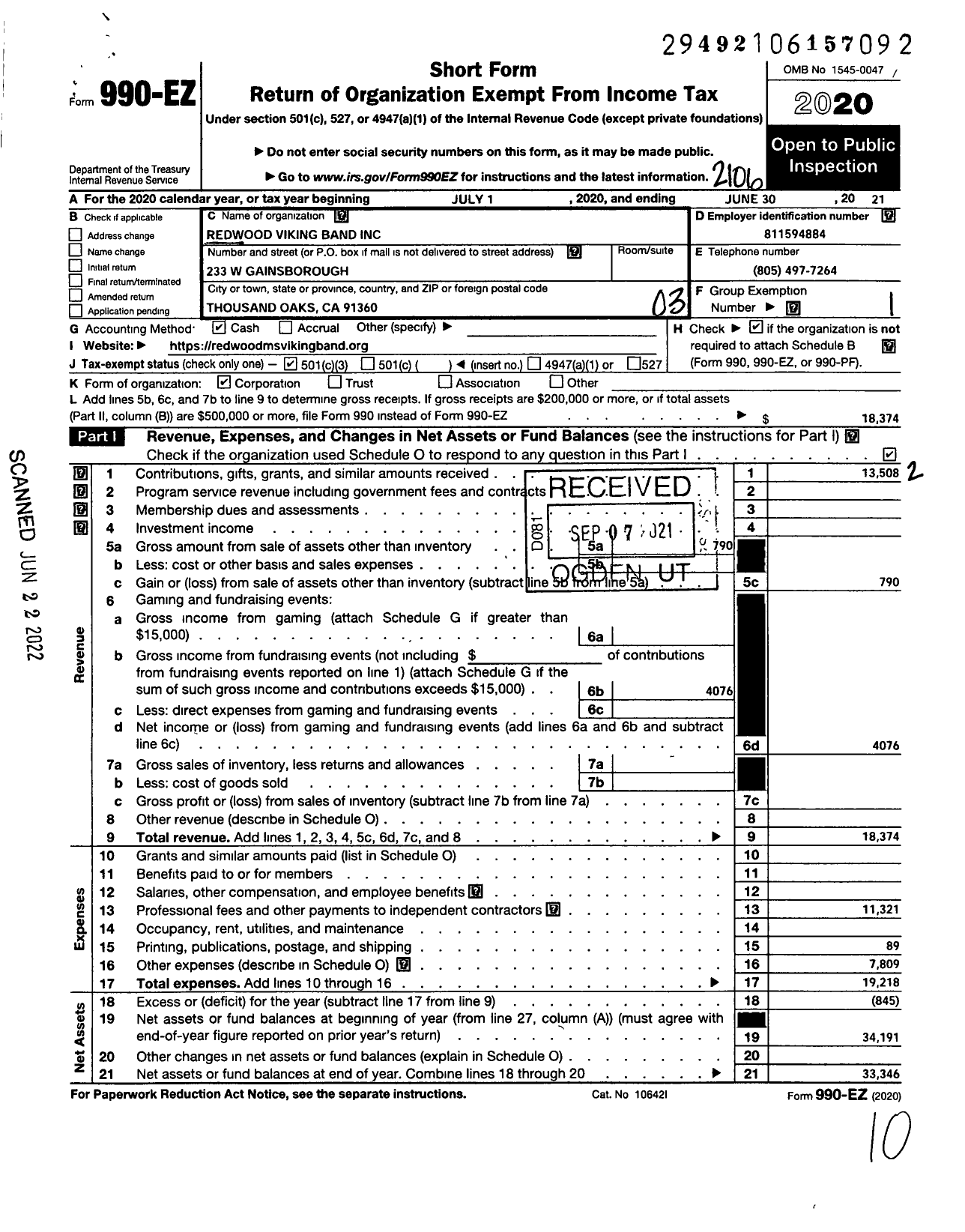 Image of first page of 2020 Form 990EZ for Redwood Viking Band