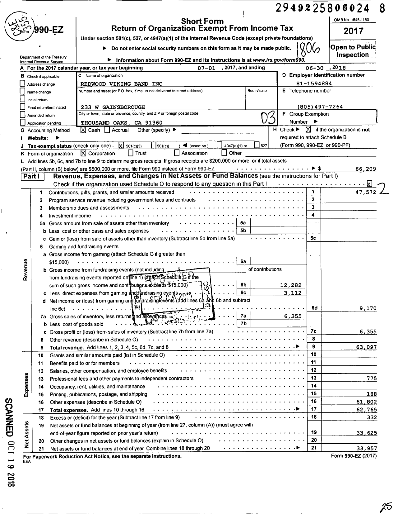 Image of first page of 2017 Form 990EZ for Redwood Viking Band