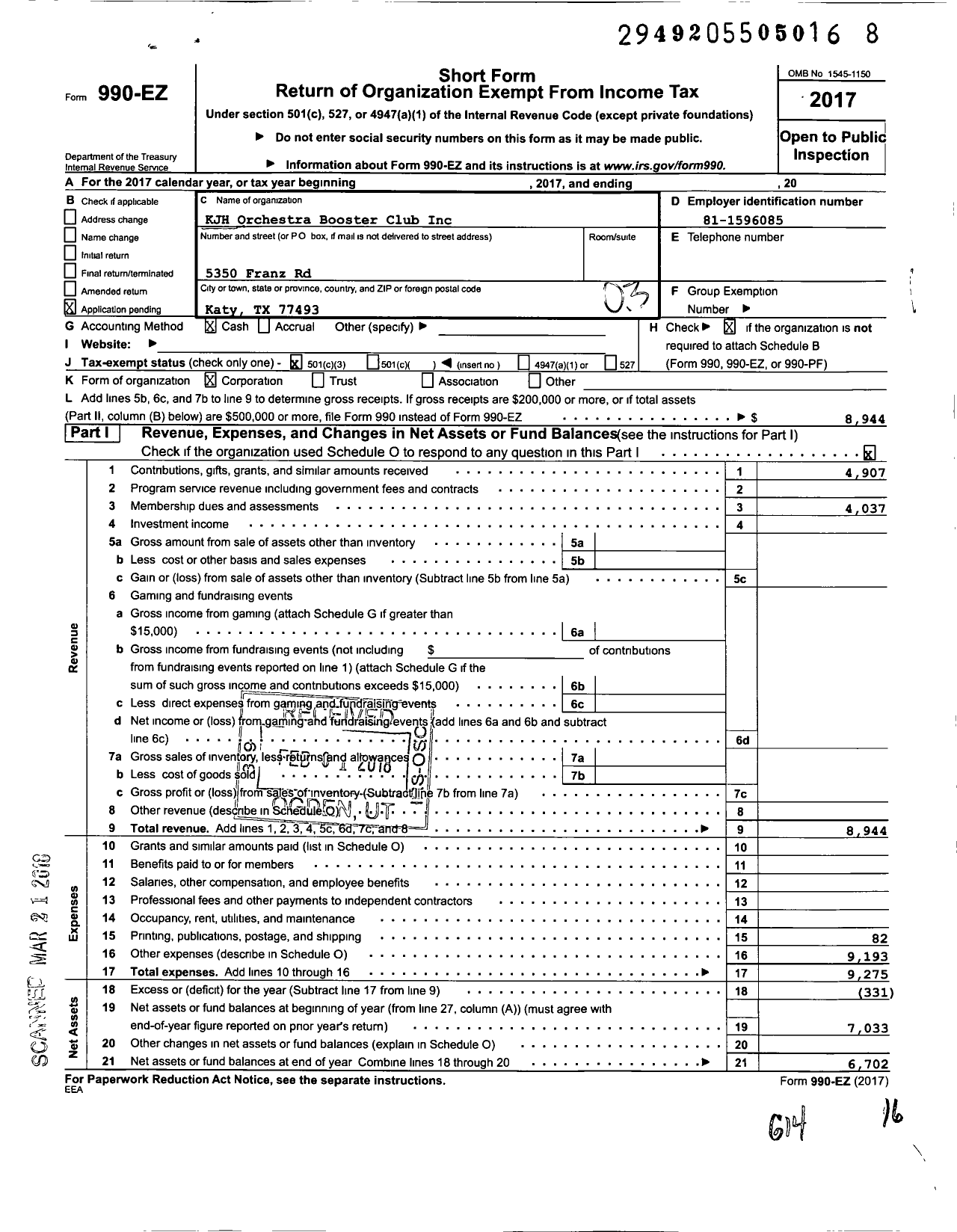 Image of first page of 2017 Form 990EZ for KJH Orchestra Booster Club