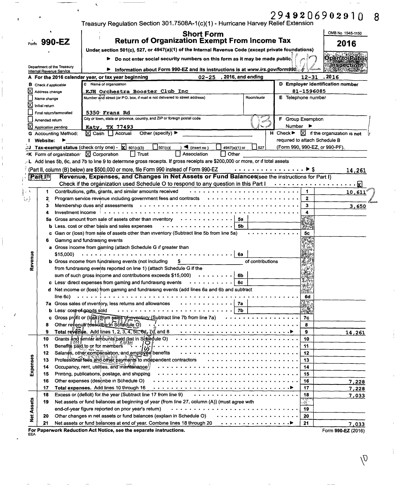 Image of first page of 2016 Form 990EZ for KJH Orchestra Booster Club