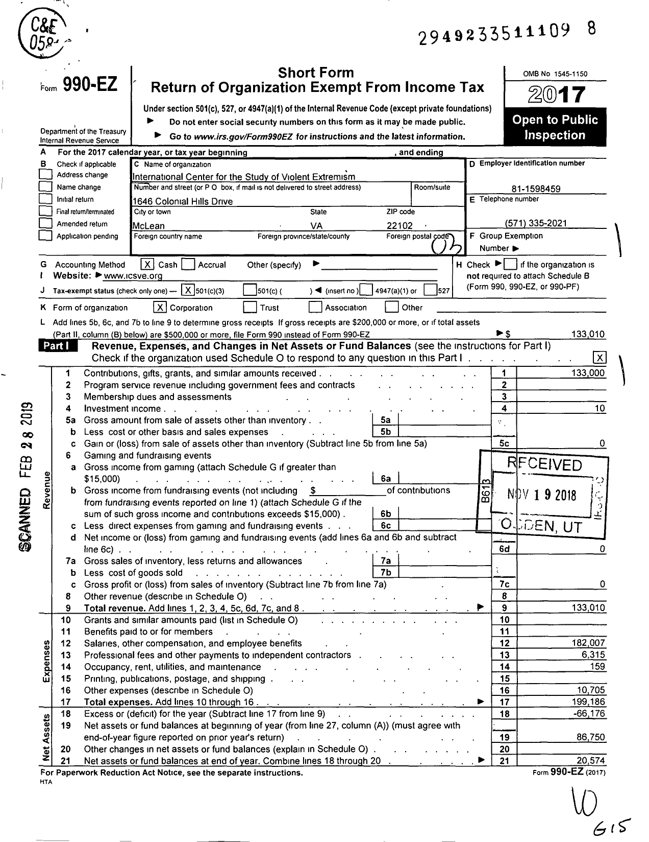 Image of first page of 2017 Form 990EZ for International Center for the Study of Violent Extremism