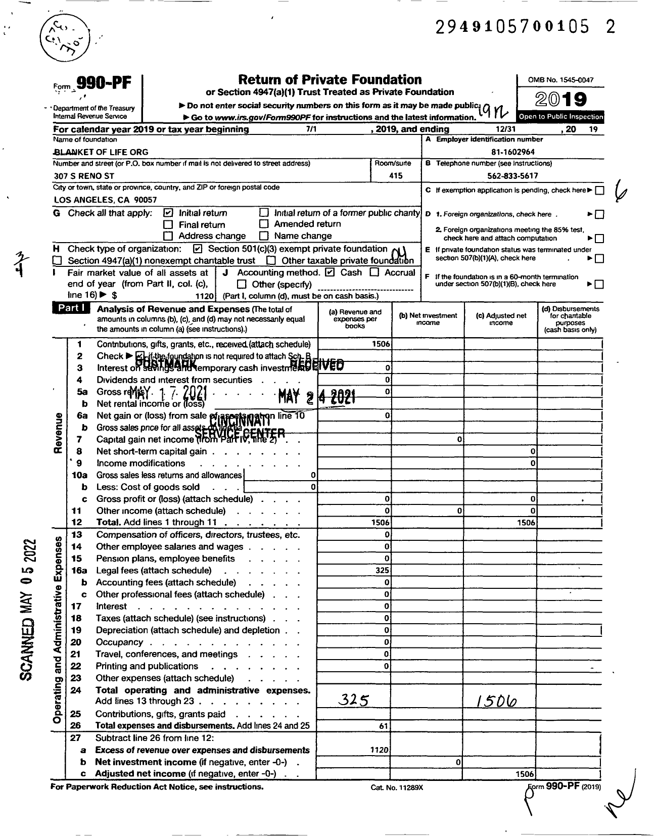 Image of first page of 2019 Form 990PF for Blanket of Lifeorg