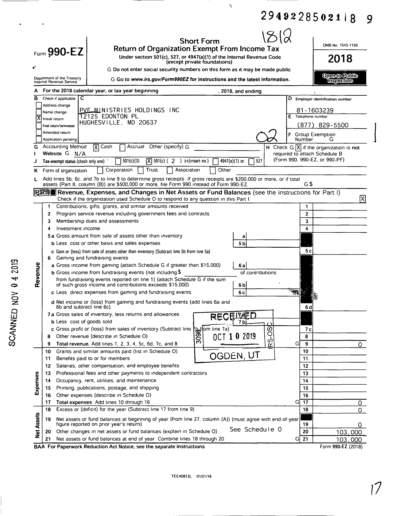 Image of first page of 2018 Form 990EO for PVF Ministries Holdings
