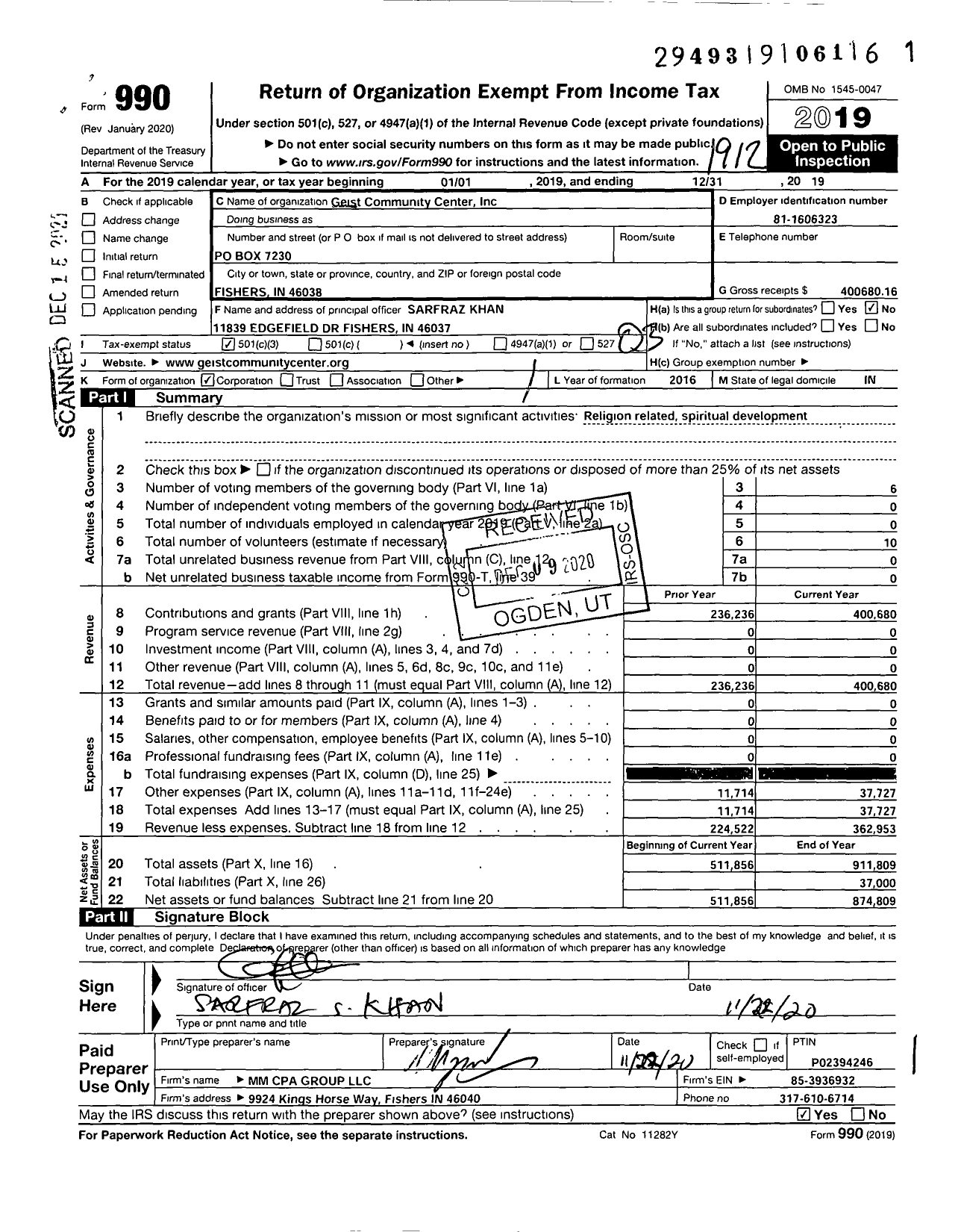 Image of first page of 2019 Form 990 for Geist Community Center