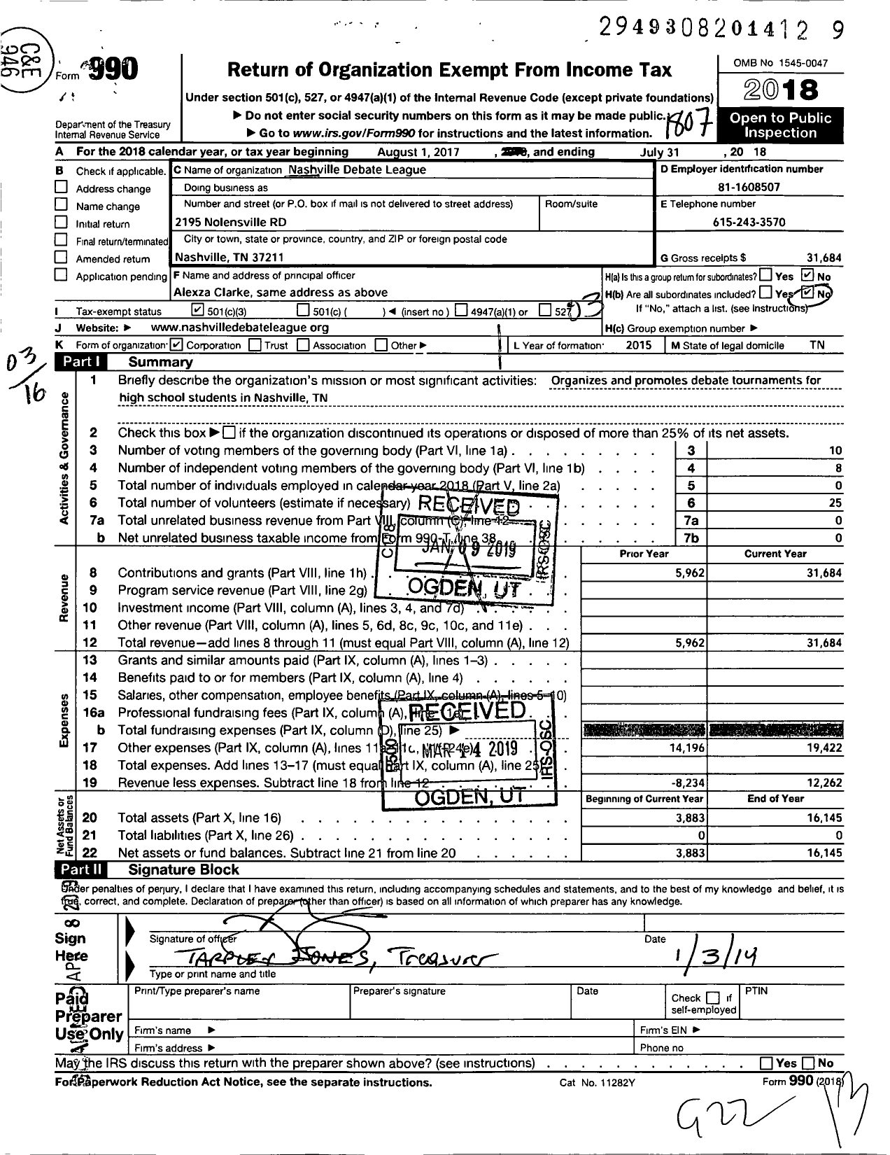 Image of first page of 2017 Form 990 for Nashville Debate League Incorporated