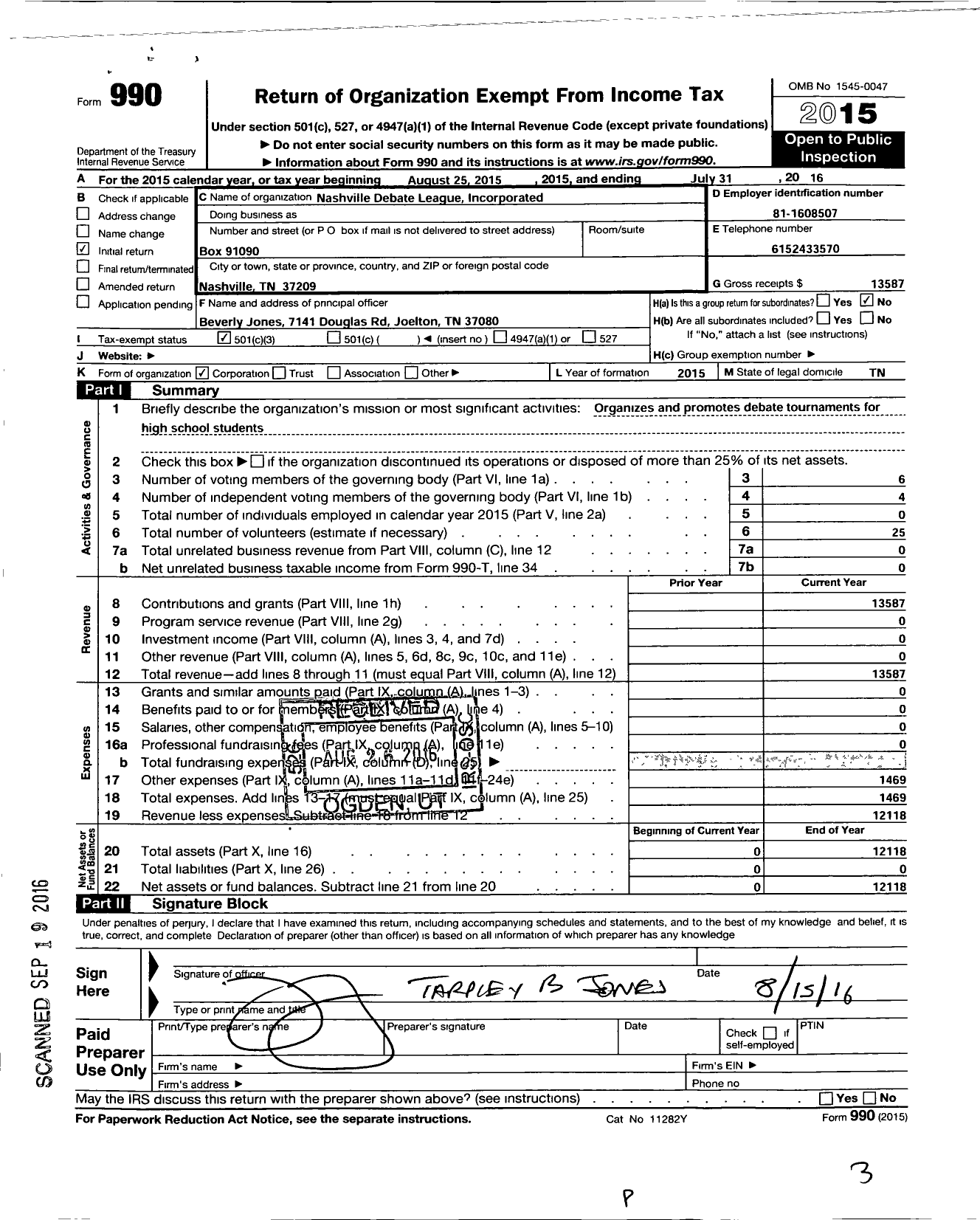 Image of first page of 2015 Form 990 for Nashville Debate League Incorporated