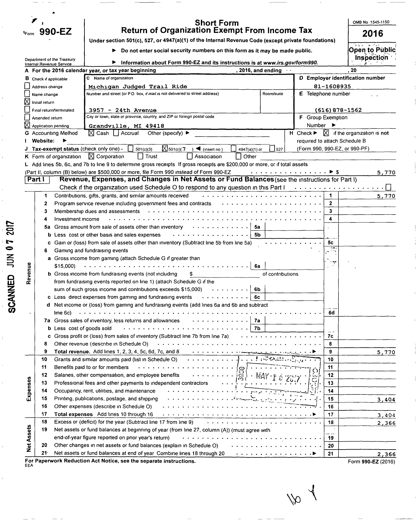 Image of first page of 2016 Form 990EO for Michigan Judged Trail Ride