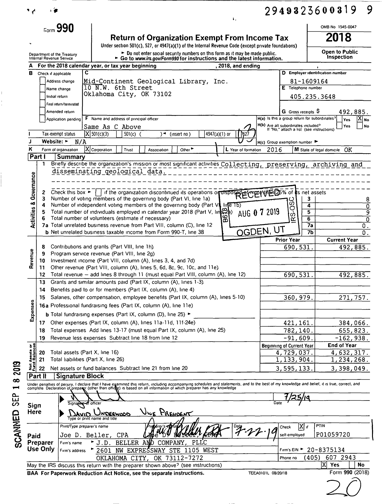 Image of first page of 2018 Form 990 for Mid-Continent Geological Library