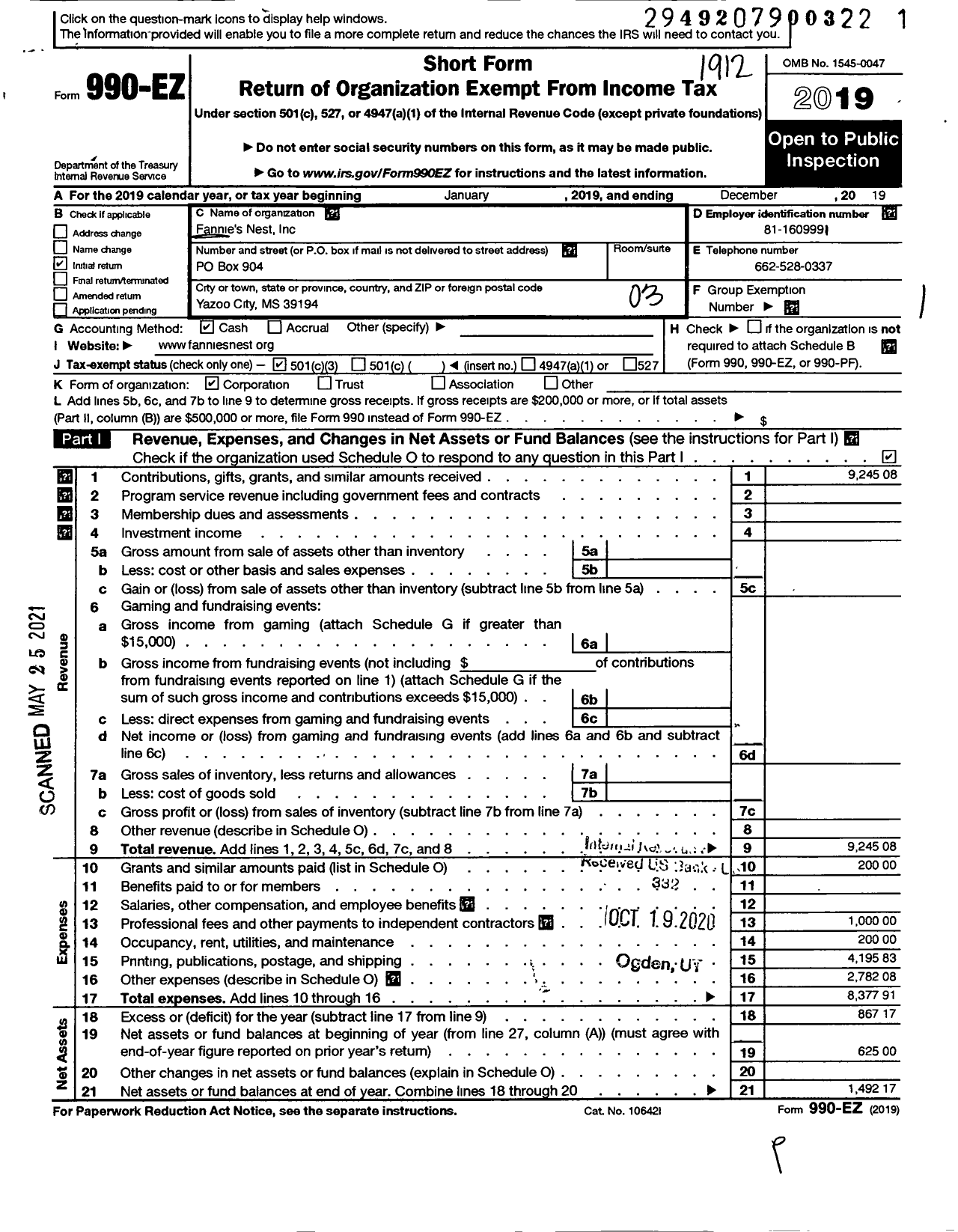 Image of first page of 2019 Form 990EZ for Fannies Nest