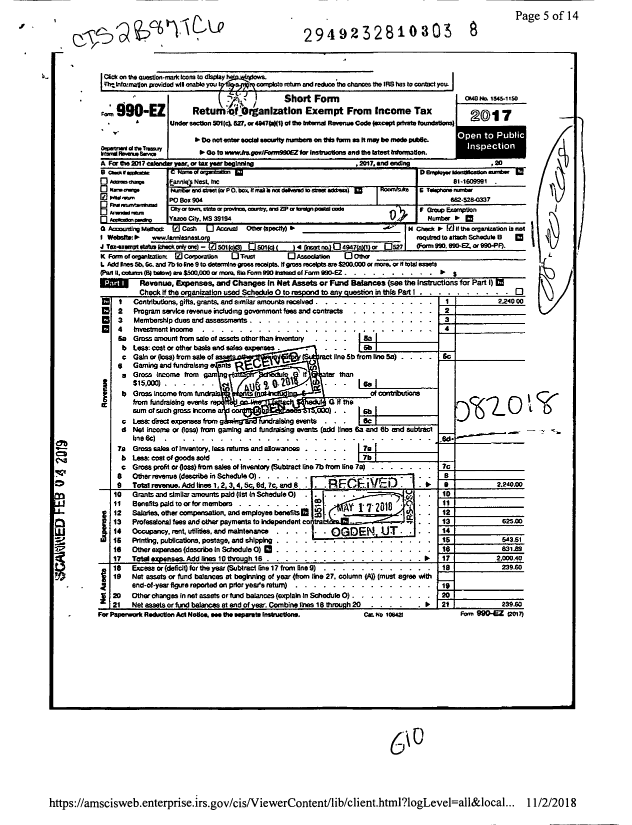 Image of first page of 2017 Form 990EZ for Fannies Nest