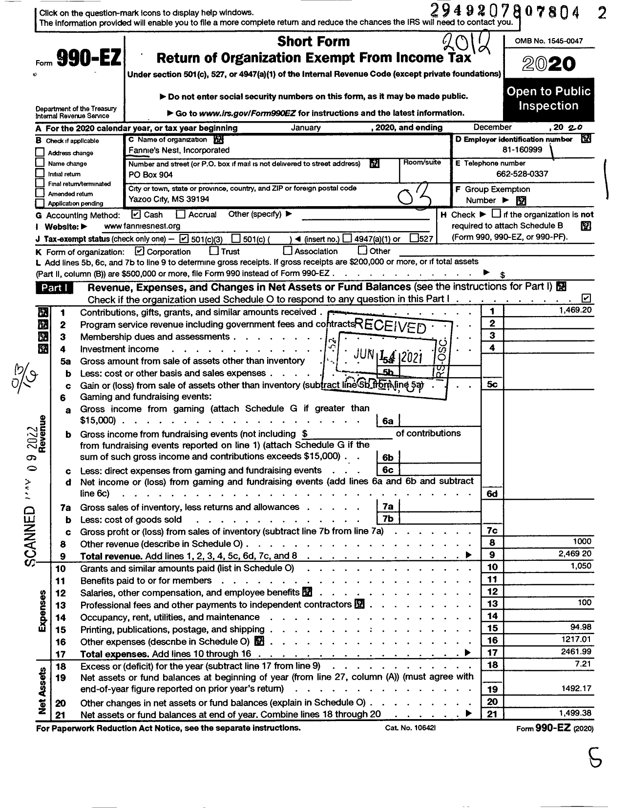 Image of first page of 2020 Form 990EZ for Fannies Nest