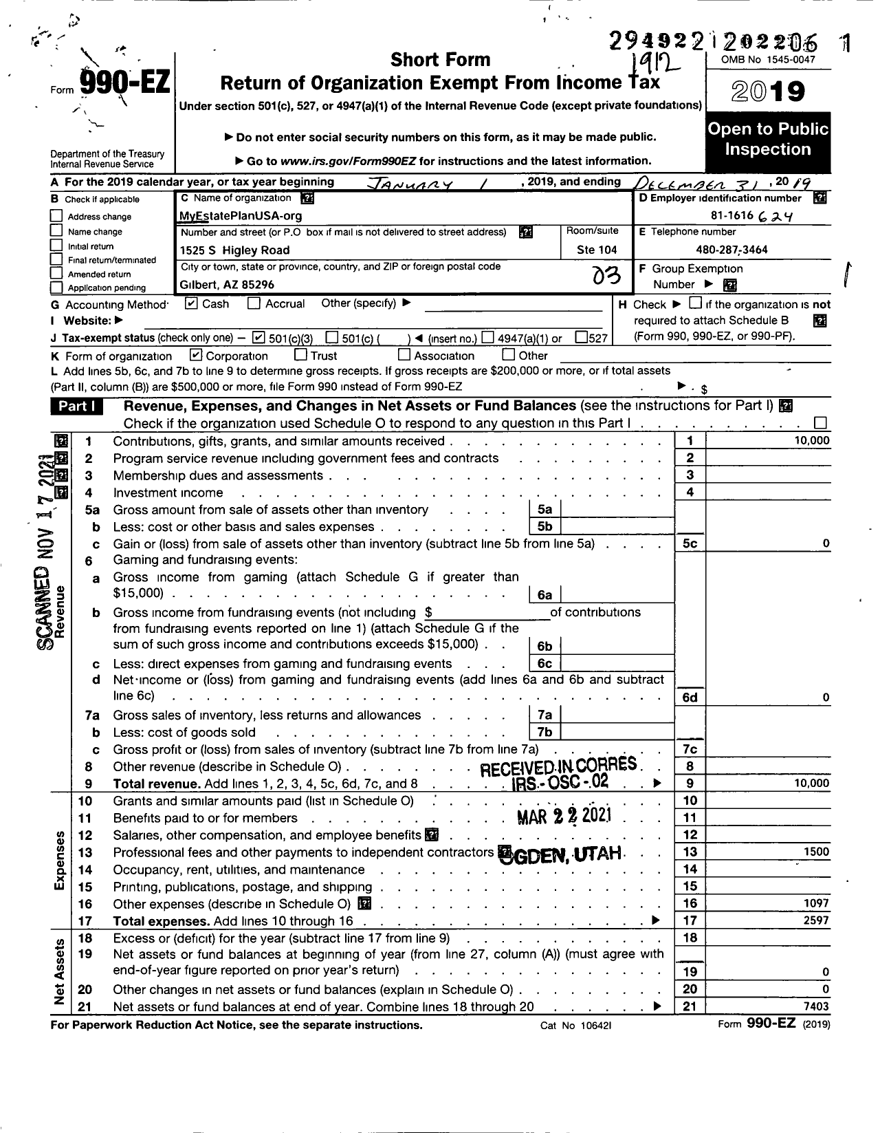 Image of first page of 2019 Form 990EZ for Myestateplanusa-Org