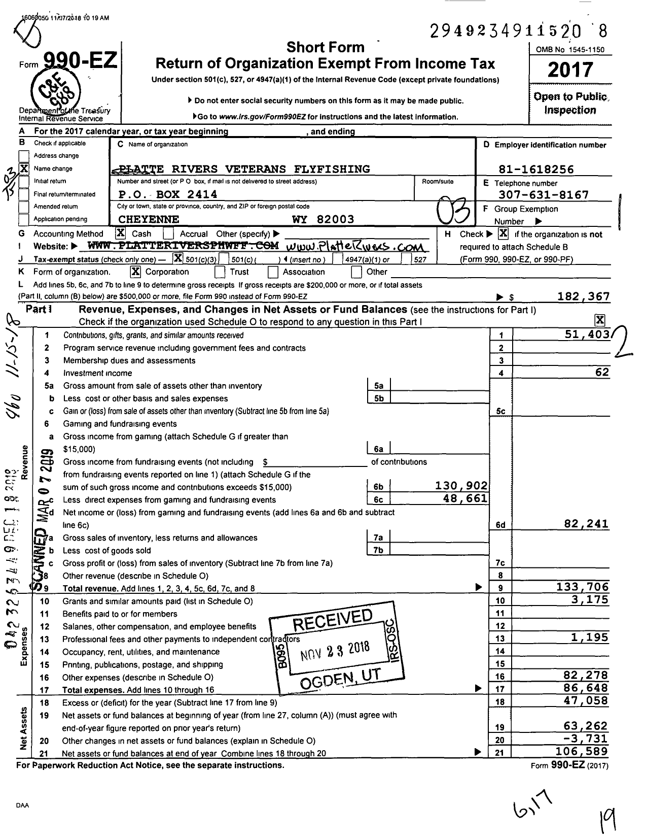 Image of first page of 2017 Form 990EZ for Platte Rivers Veterans Flyfishing