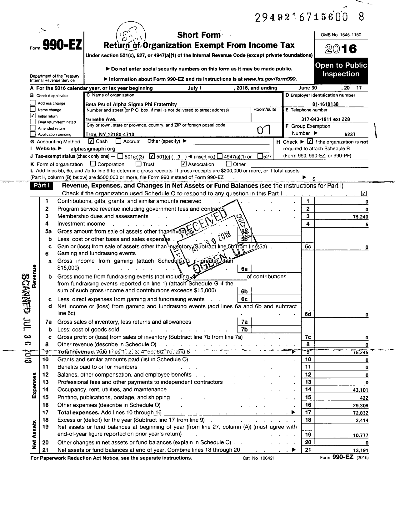 Image of first page of 2016 Form 990EO for Alpha Sigma Phi Fraternity / Beta Psi