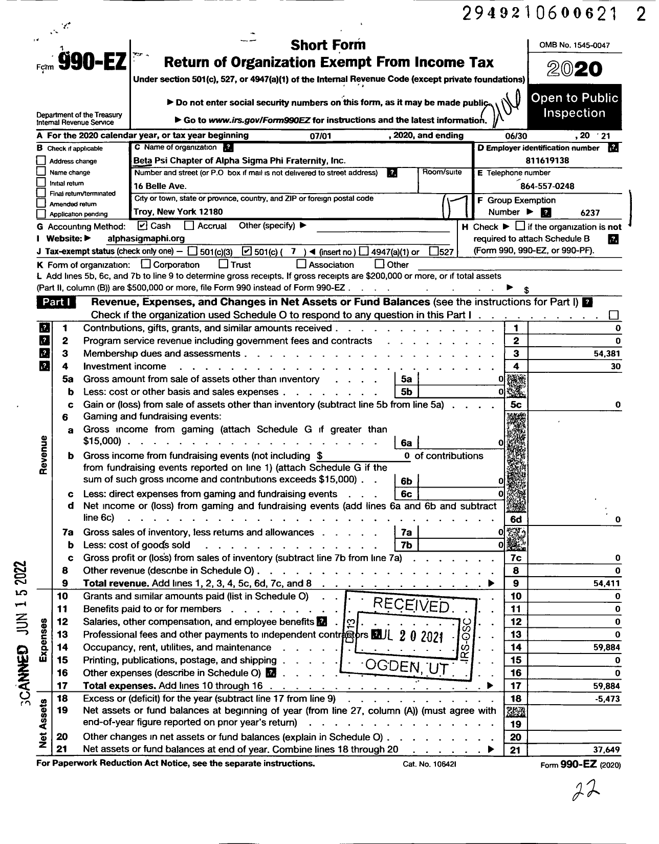 Image of first page of 2020 Form 990EO for Alpha Sigma Phi Fraternity / Beta Psi