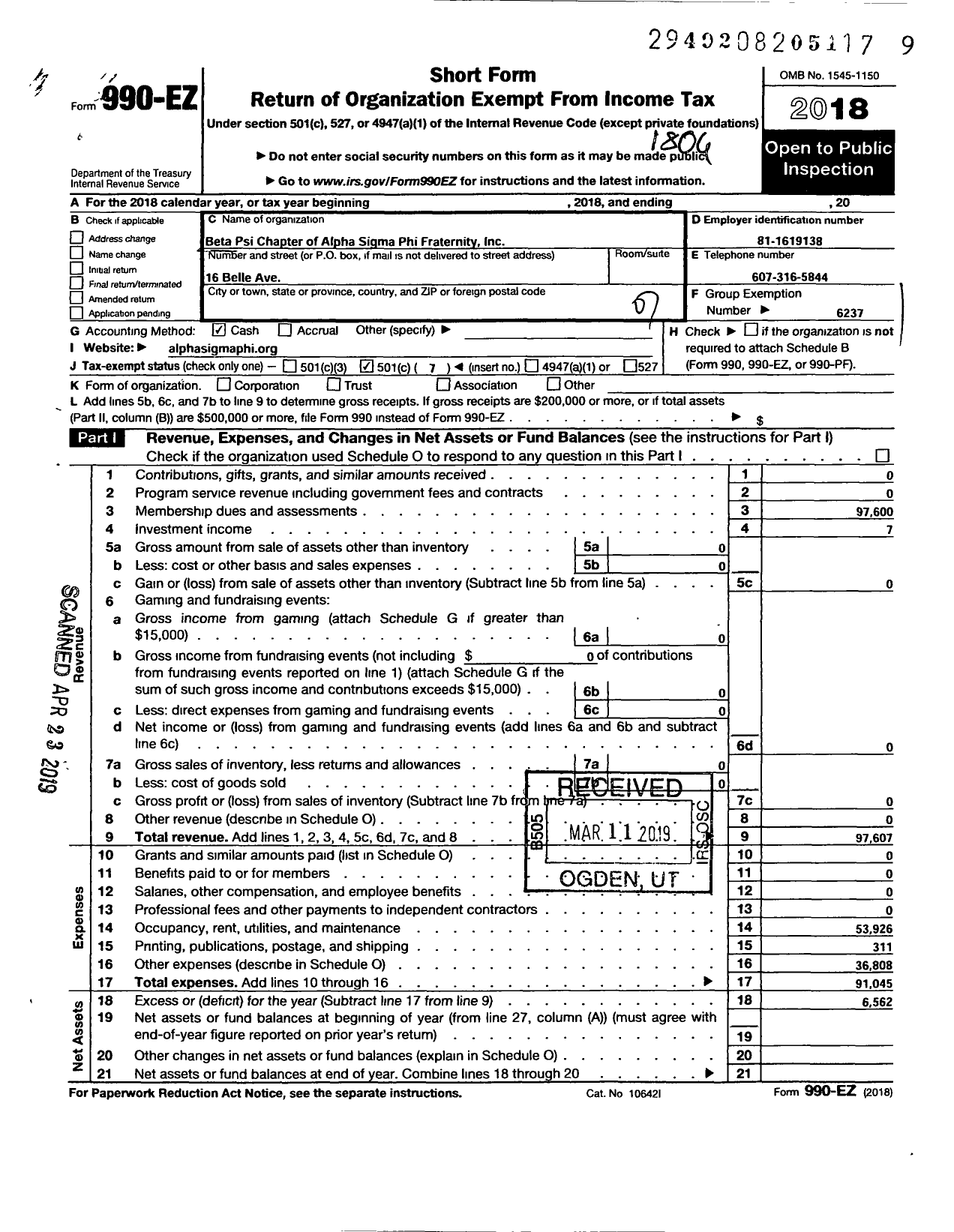 Image of first page of 2017 Form 990EO for Alpha Sigma Phi Fraternity / Beta Psi