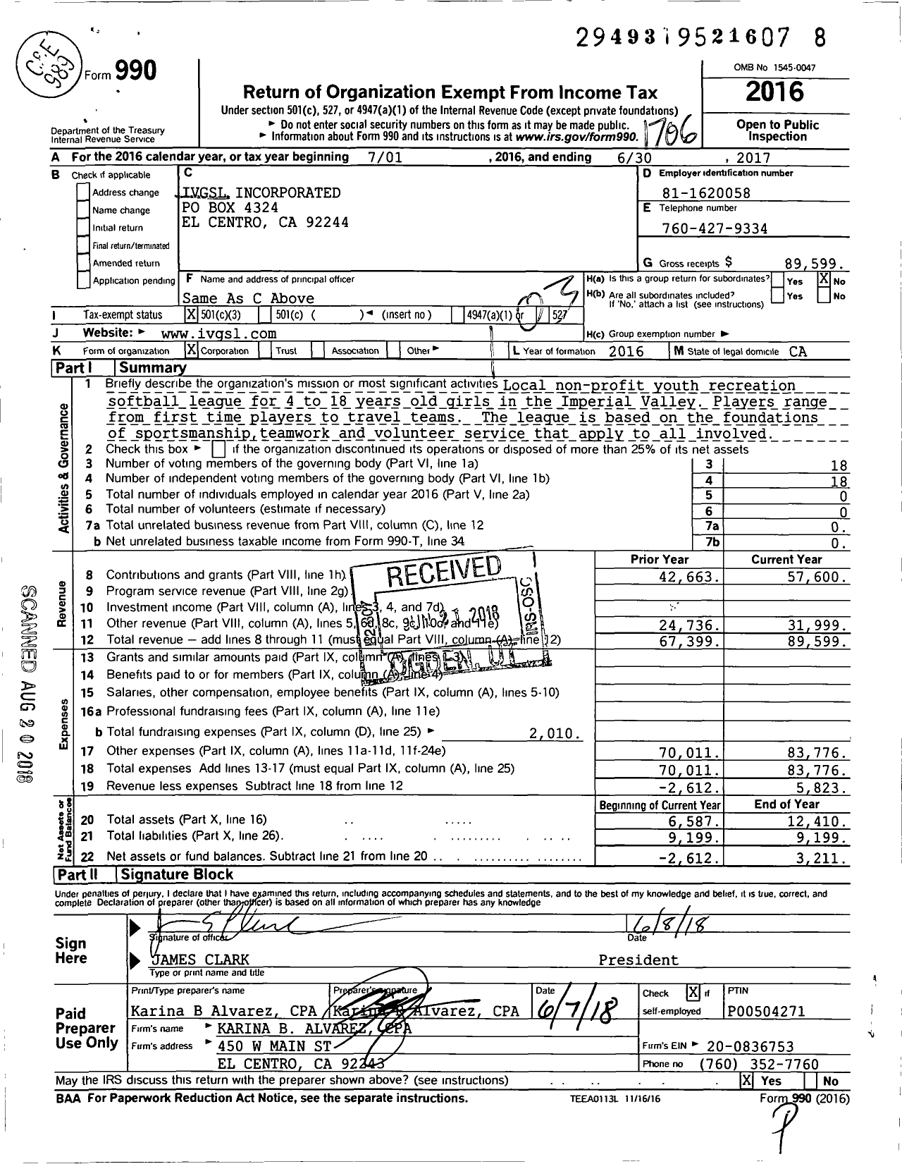 Image of first page of 2016 Form 990 for Ivgsl Incorporated