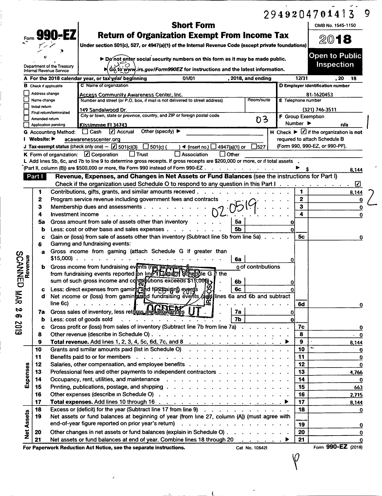 Image of first page of 2018 Form 990EZ for Access Community Awarness Center