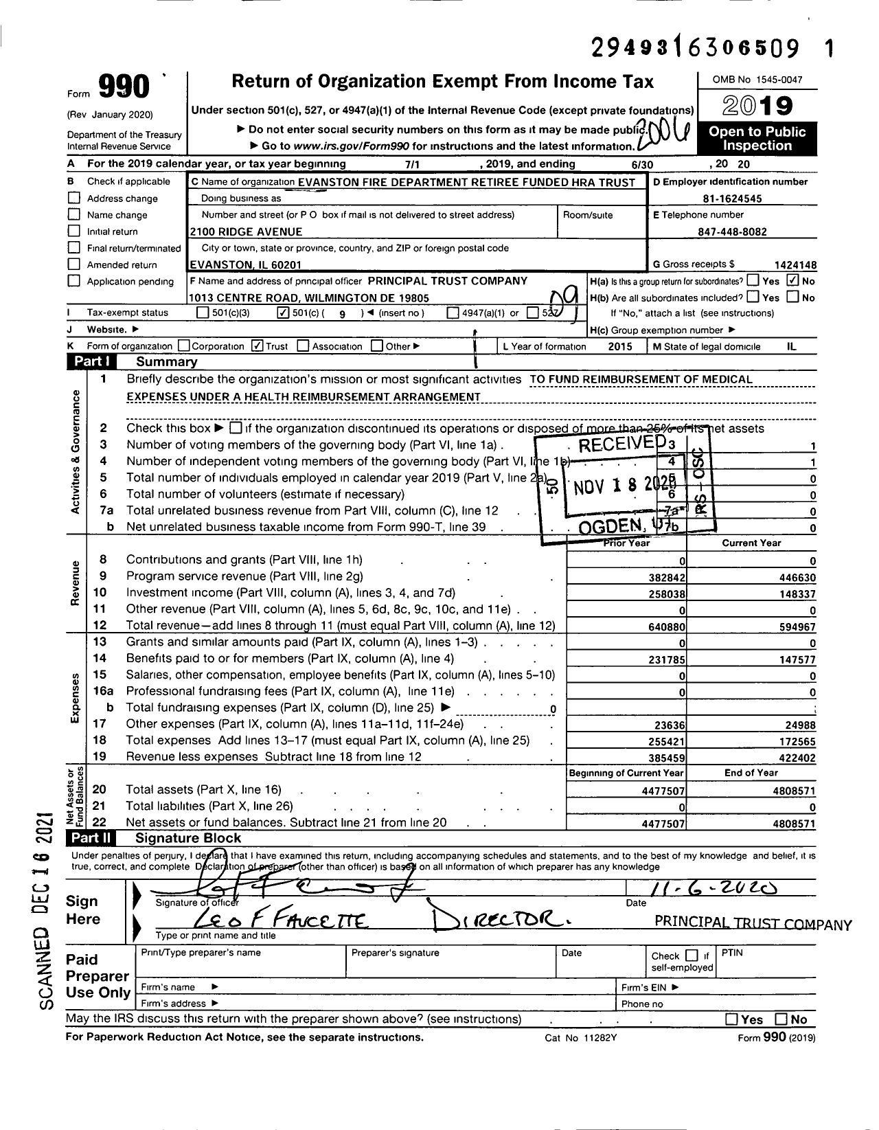 Image of first page of 2019 Form 990O for Evanston Fire Department Retiree Funded Hra Trust