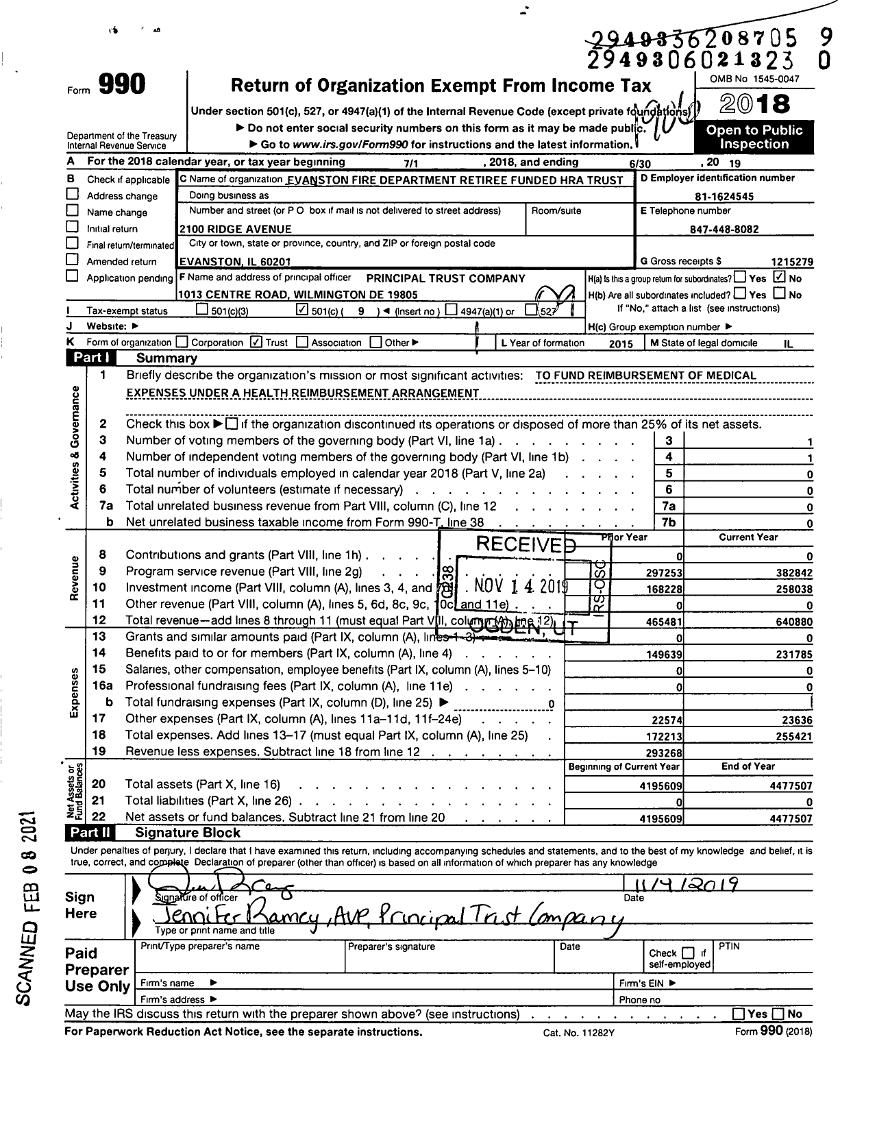 Image of first page of 2018 Form 990O for Evanston Fire Department Retiree Funded Hra Trust