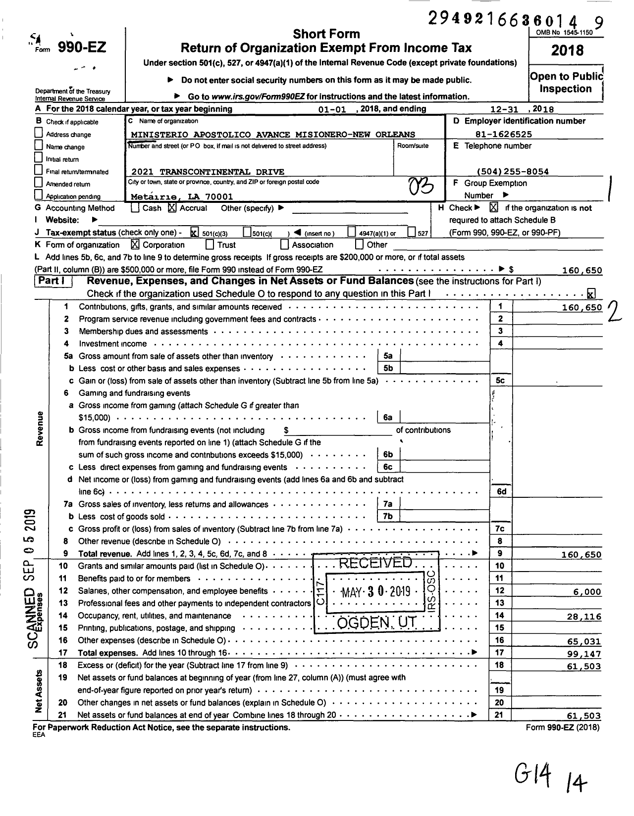 Image of first page of 2018 Form 990EZ for Ministerio Apostolico Avance Misionero New Orleans