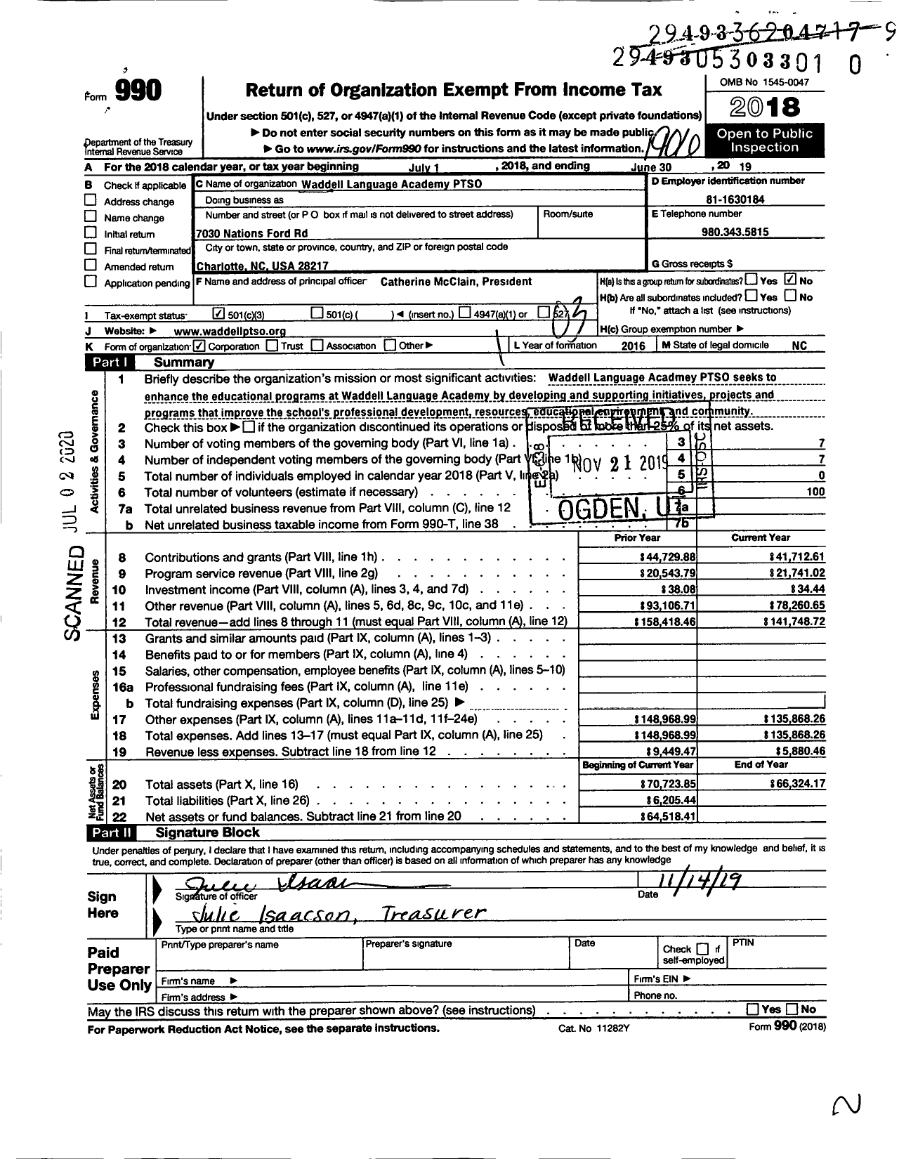 Image of first page of 2018 Form 990 for South Academy of International Languages PTSO