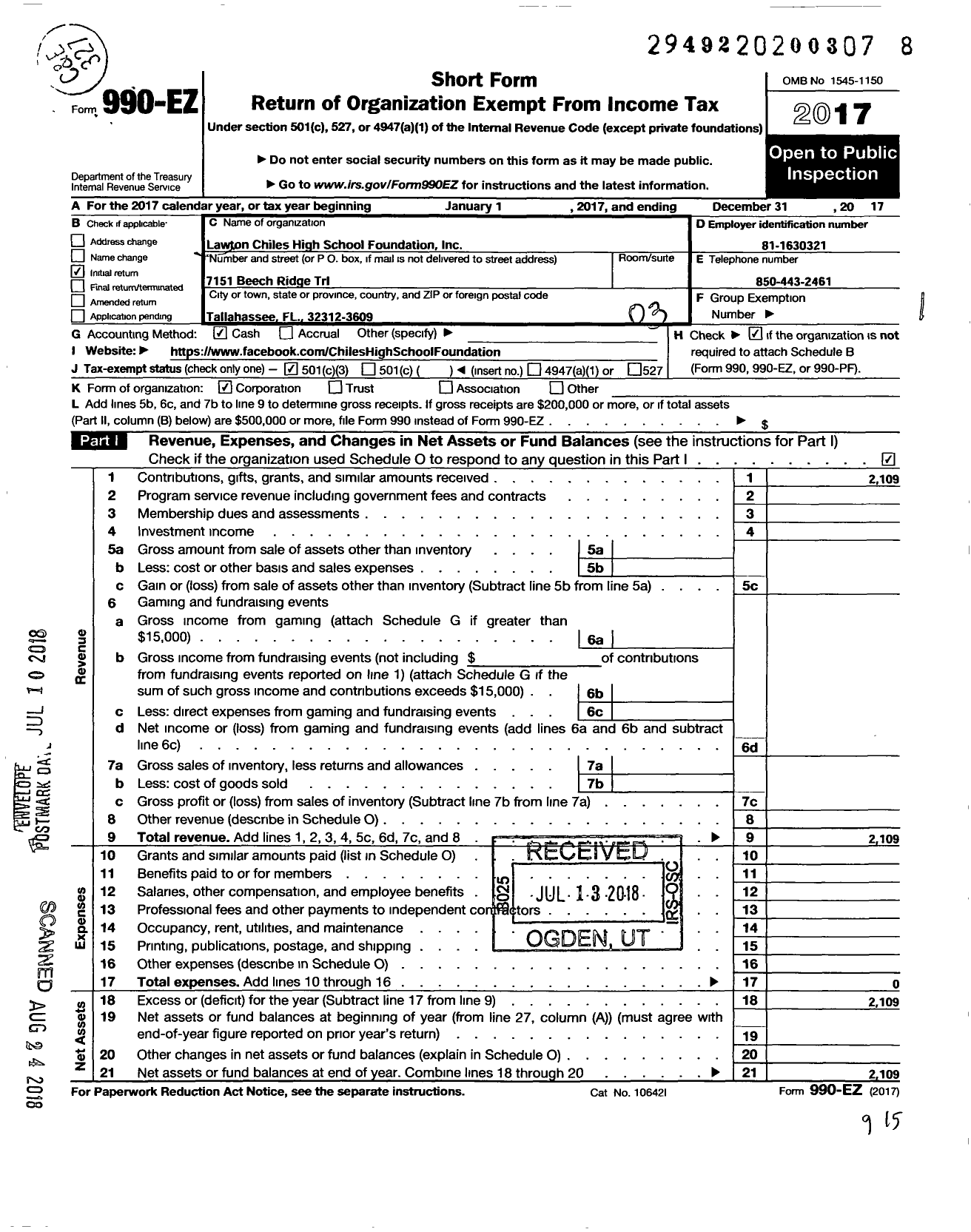 Image of first page of 2017 Form 990EZ for Lawton Chiles High School Foundation