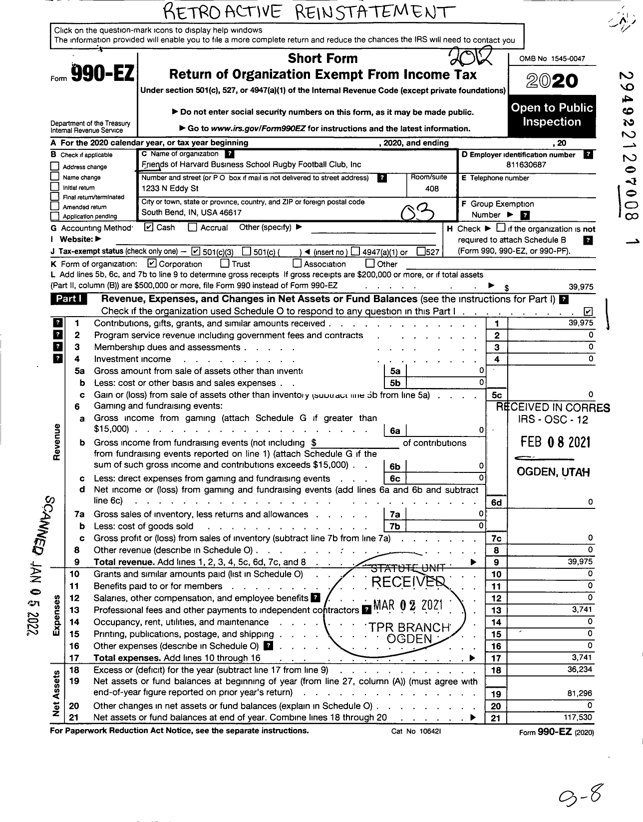 Image of first page of 2020 Form 990EZ for Friends of Harvard Business School Rugby Football Club